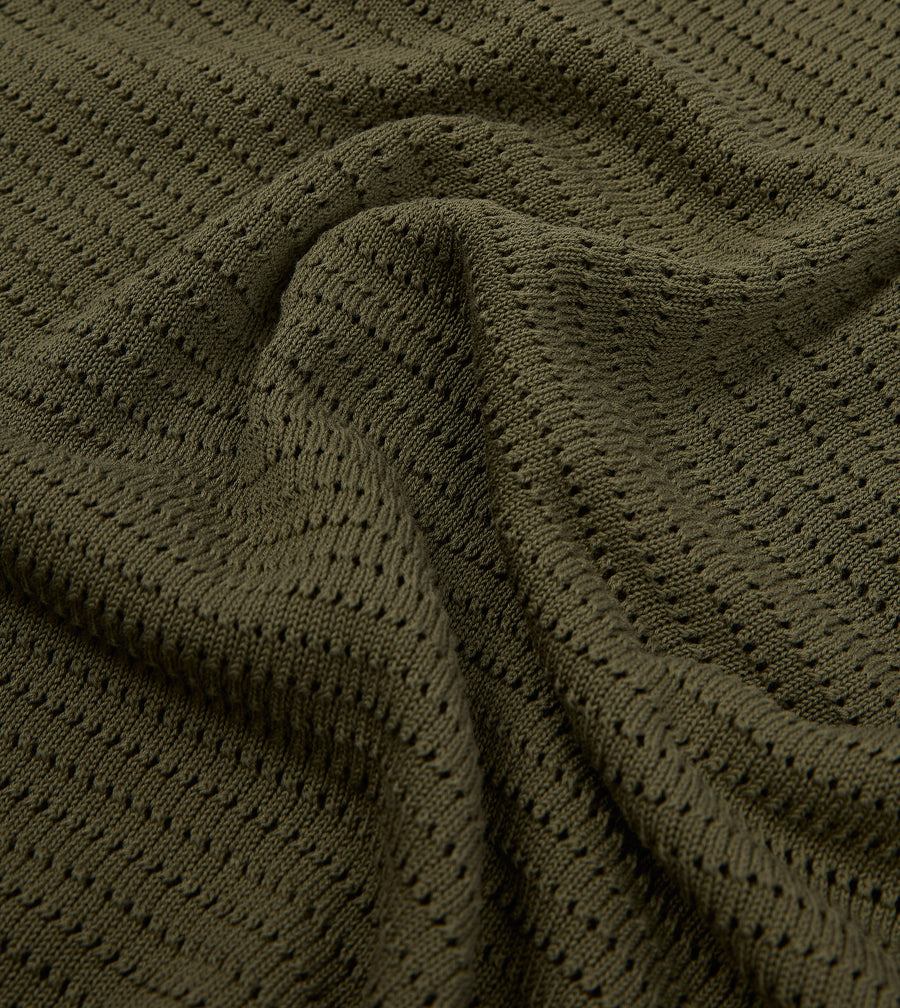 Olive Waffle Knit Cotton Short-Sleeve Polo Shirt