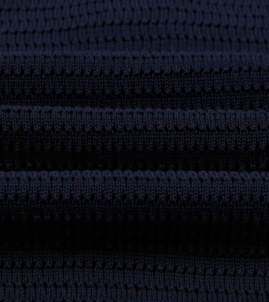 Navy Waffle Knit Cotton Short-Sleeve Polo Shirt