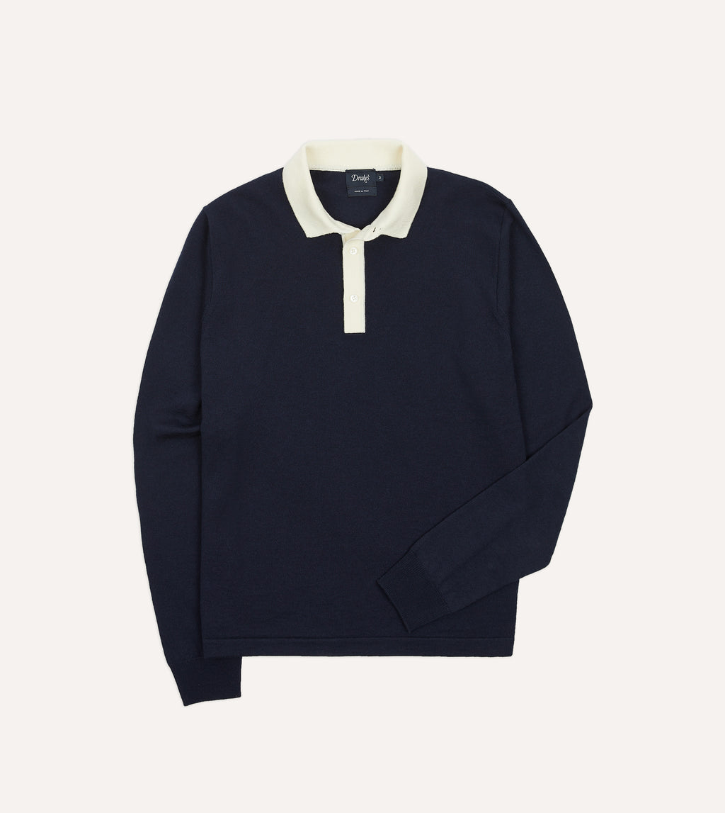 Navy Merino Wool Knitted Rugby Shirt – Drakes US