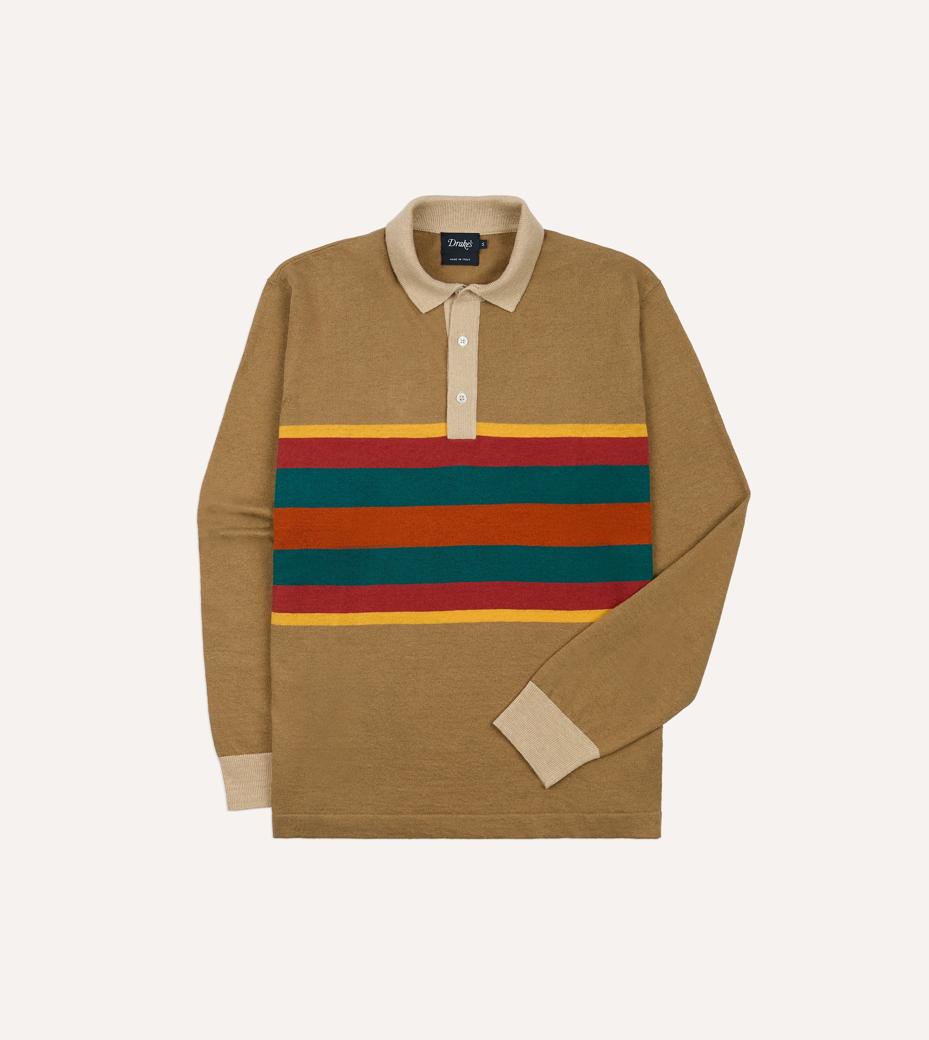 Brown Multi Centre Stripe Linen Cotton Knitted Rugby Shirt – Drakes US