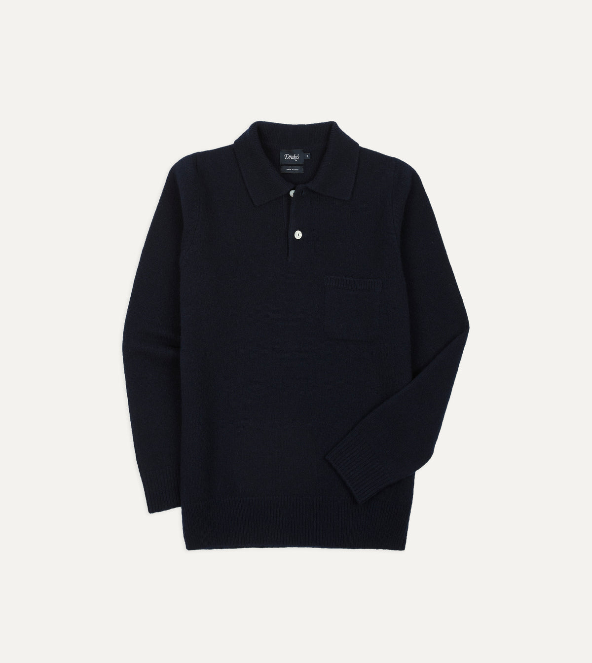Navy Wool-Silk Long Sleeve Polo