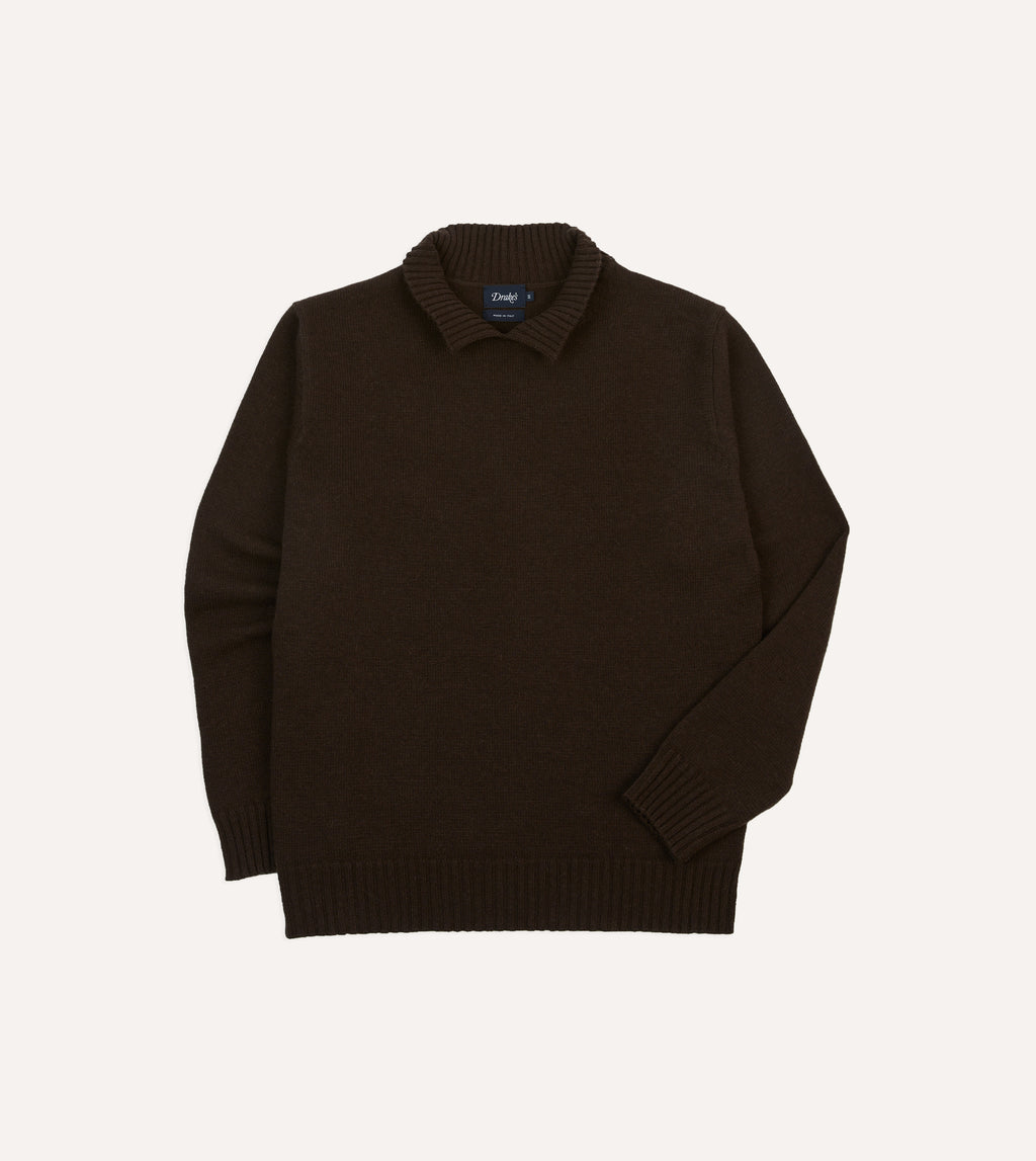 Drake's ブラウンニットセーター　ドレイクス Brown Alpaca Lambswool Ribbed Integral Collar Jumper – Drakes US