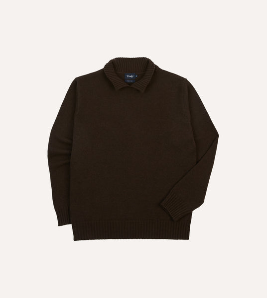 Brown Alpaca Lambswool Ribbed Integral Collar Jumper – Drakes US