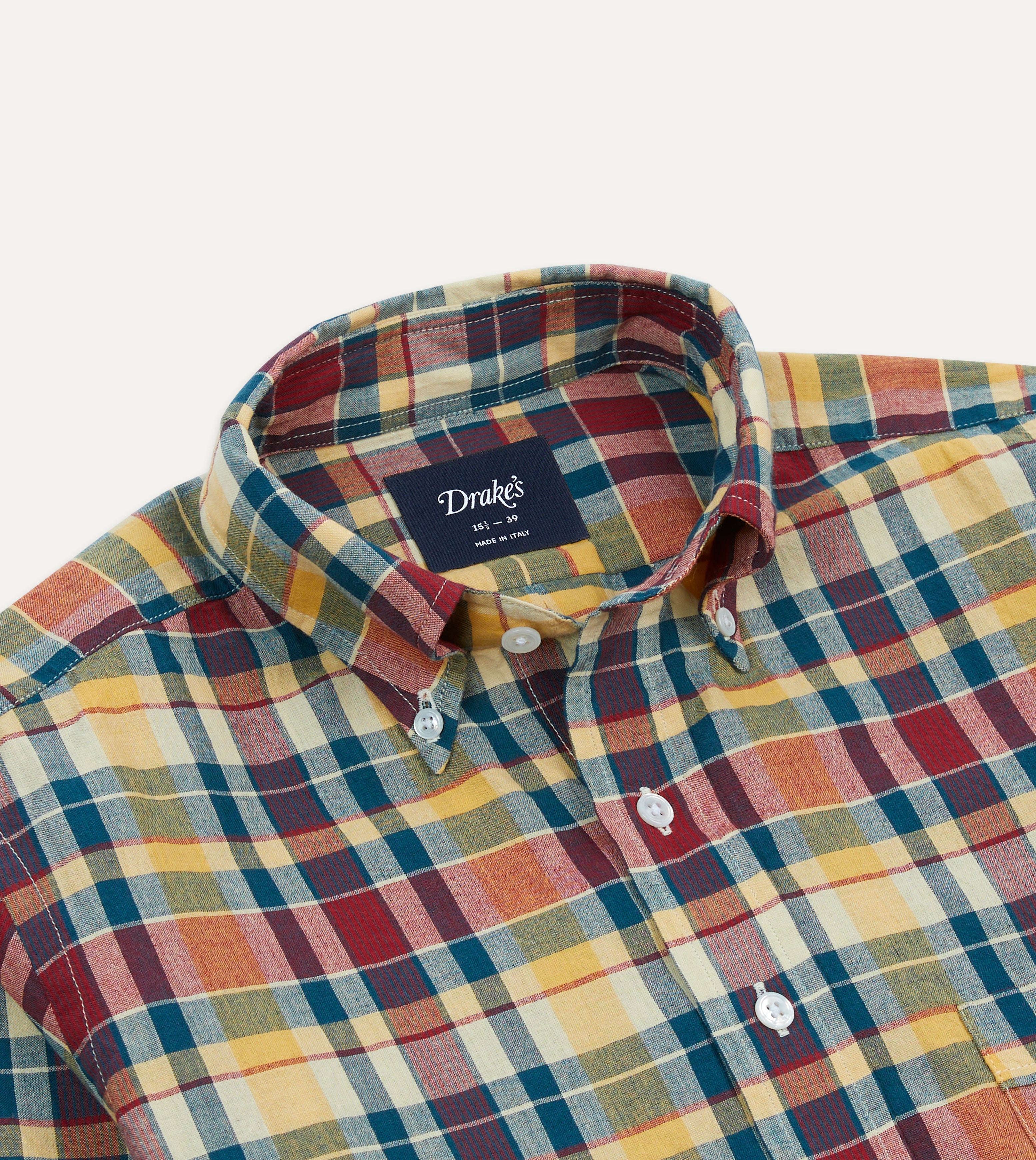 Yellow, Red and Blue Madras Check Cotton Button-Down Shirt – Drakes US