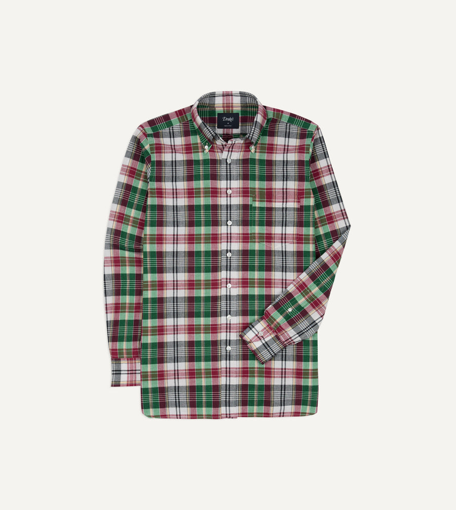 Green and Burgundy Madras Check Cotton Button-Down Shirt
