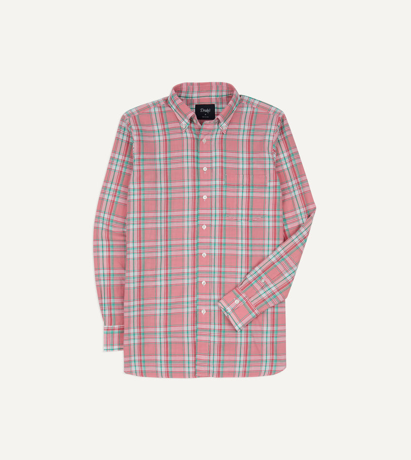 Pink and Green Madras Check Cotton Button-Down Shirt