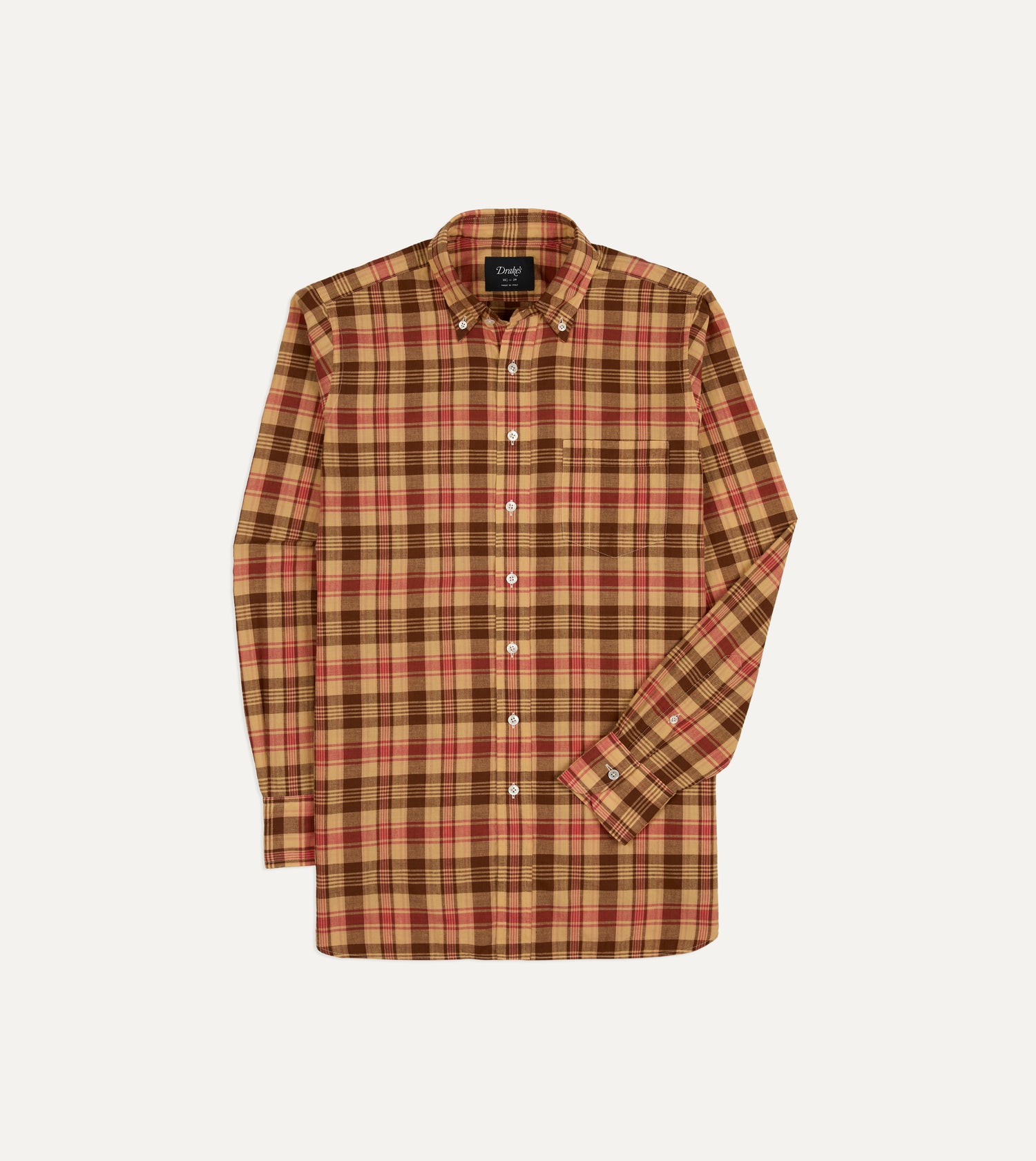 Red and Brown Madras Check Cotton Button-Down Shirt