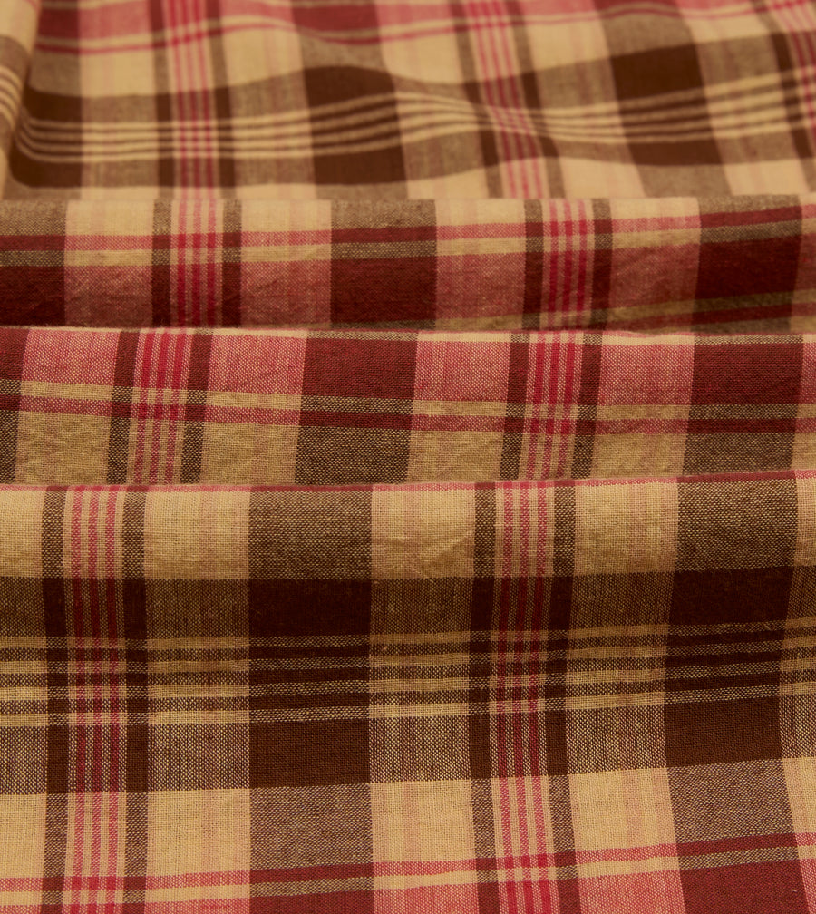 Red and Brown Madras Check Cotton Button-Down Shirt
