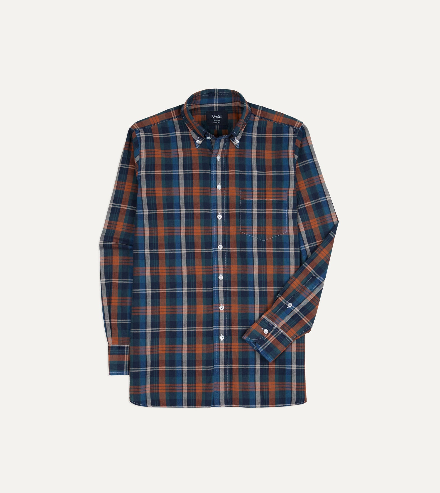 Navy and Rust Check Cotton Button-Down Shirt