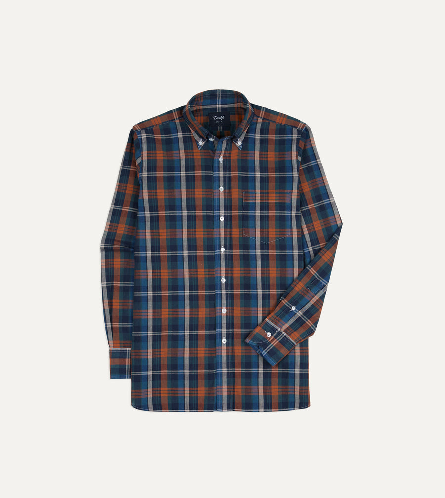 Navy and Rust Check Cotton Button-Down Shirt