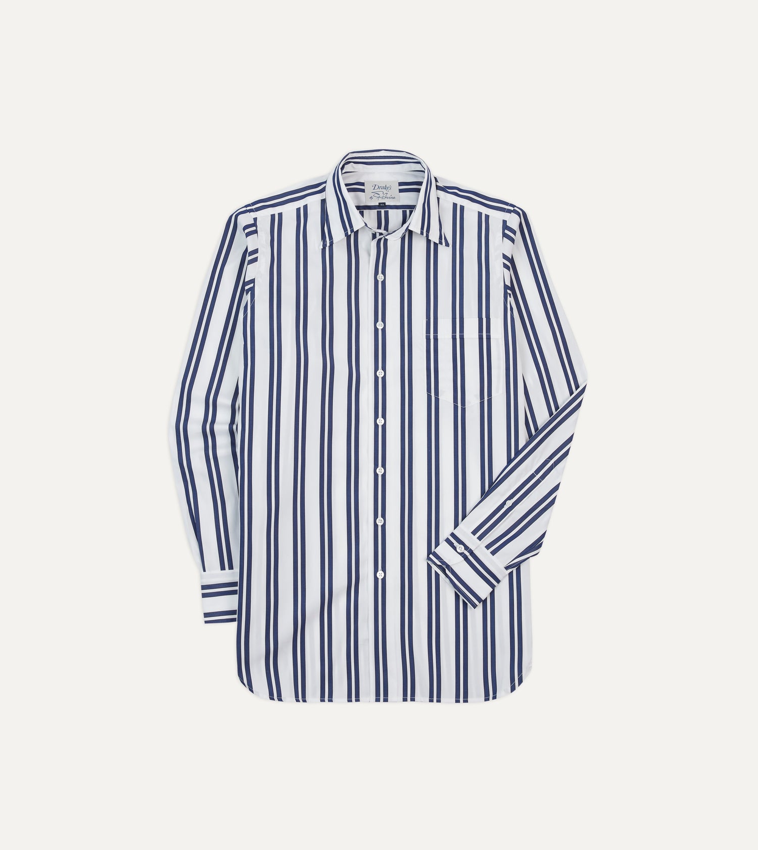 Drake's by A. Levine Navy and White Stripe Cotton Poplin Long Point Collar Shirt