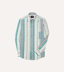 Ecru, Purple and Green Stripe Linen-Cotton Long Point Collar Shirt