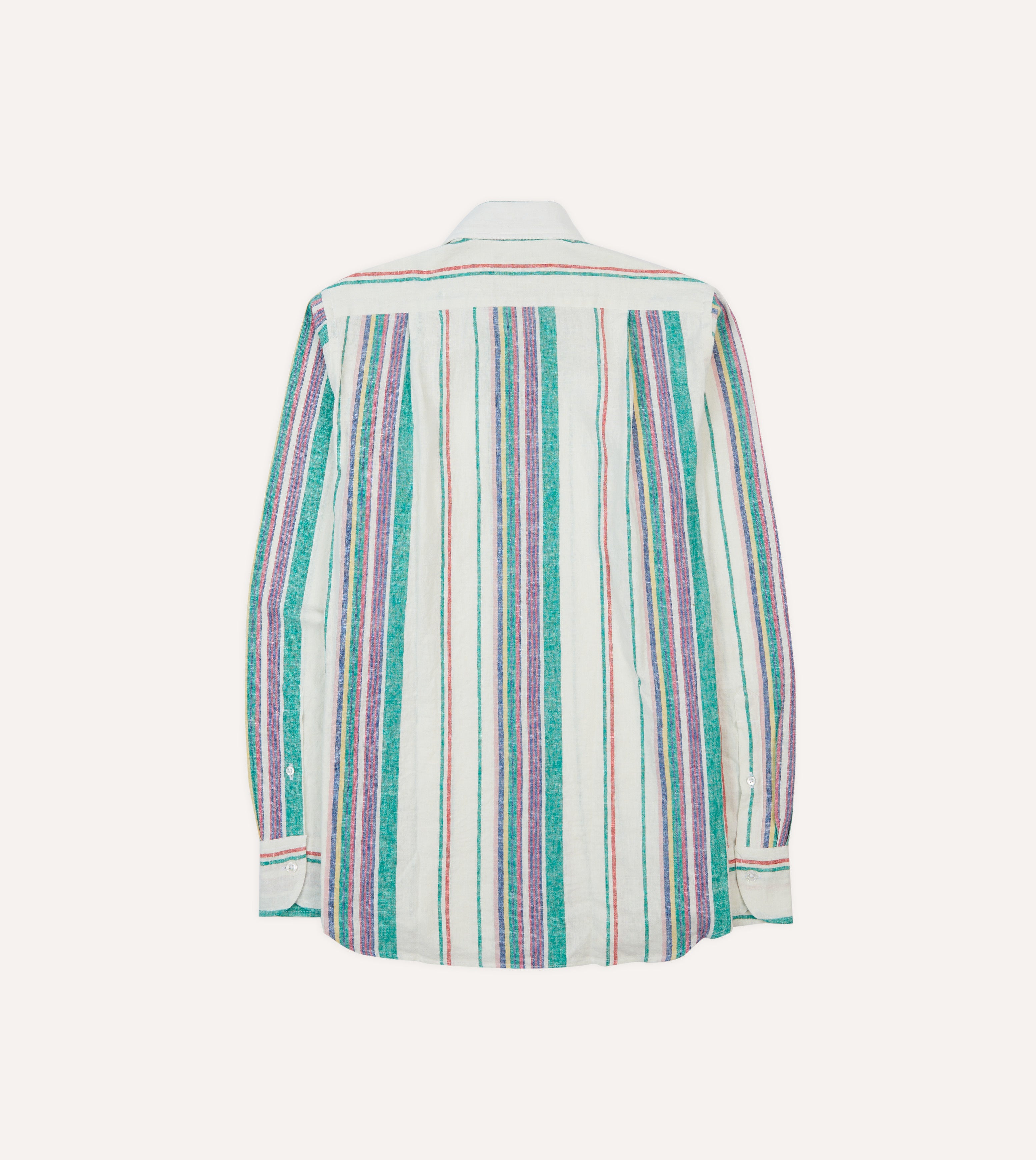 Ecru, Purple and Green Stripe Linen-Cotton Long Point Collar Shirt