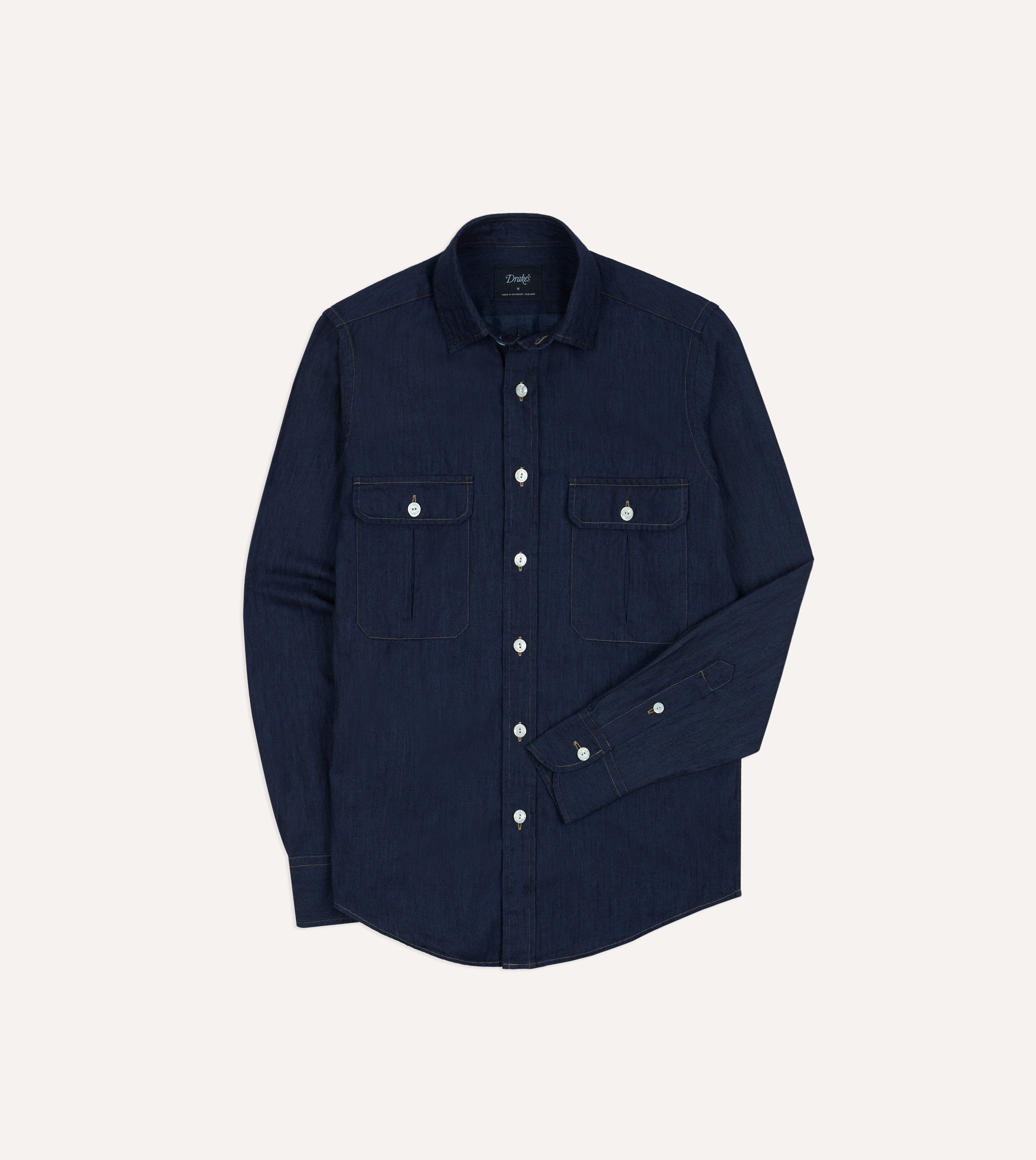 Navy Cotton Linen Two-Pocket Work Shirt