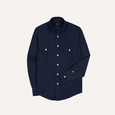 dress shirt with pocket Drake's Blue Cotton Linen Two-Pocket Work Denim Shirt