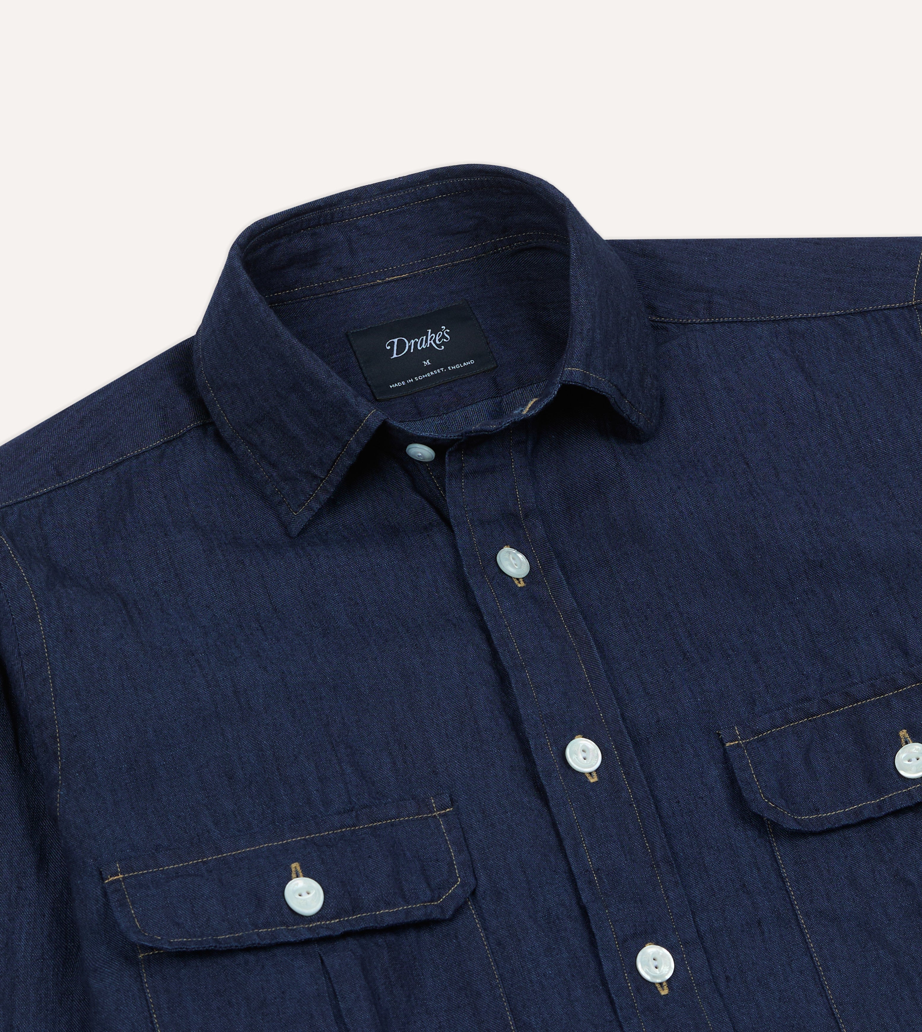 Navy Cotton Linen Two-Pocket Work Shirt – Drakes US