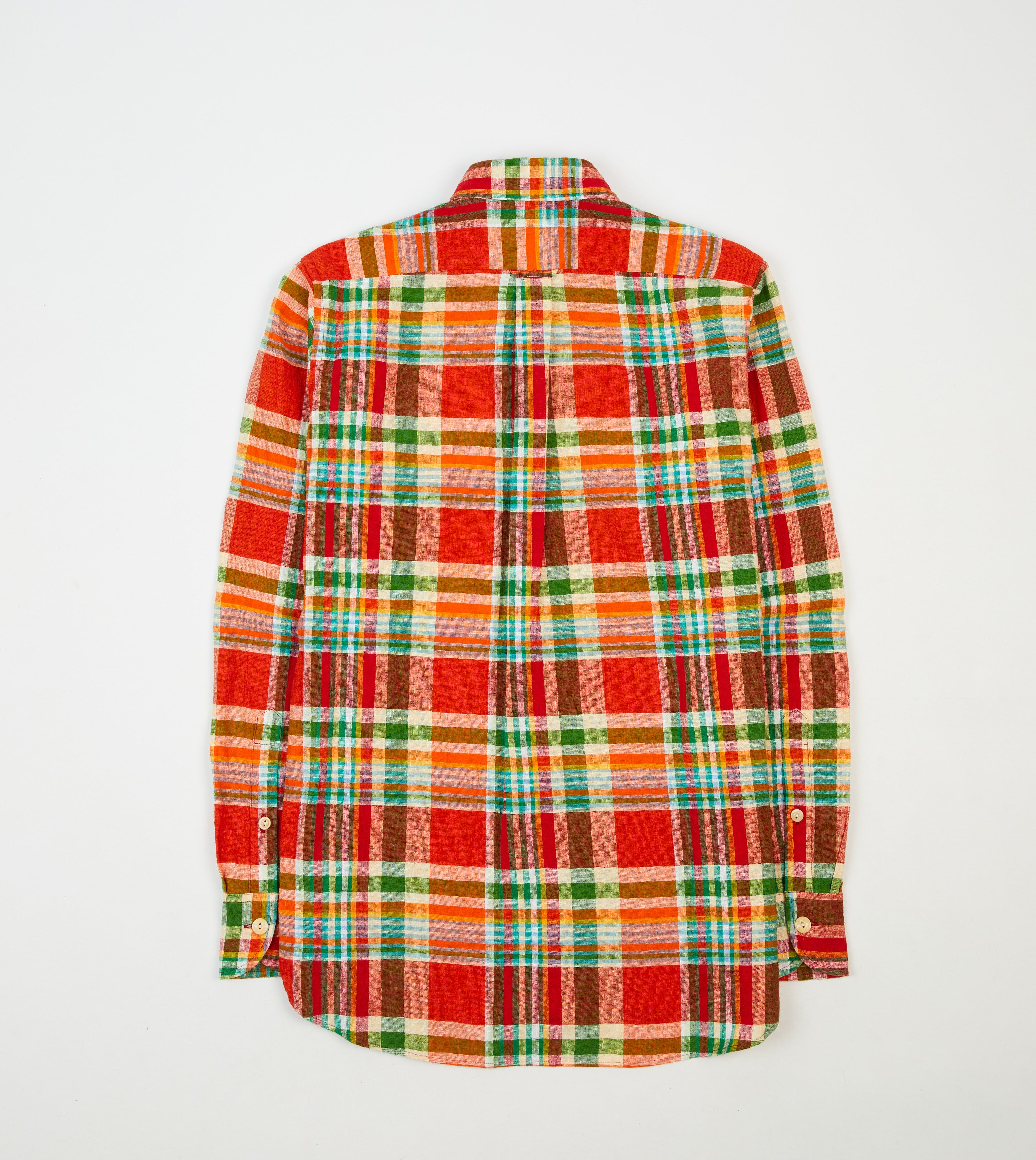 Red and Green Madras Check Cotton-Linen Two-Pocket Work Shirt