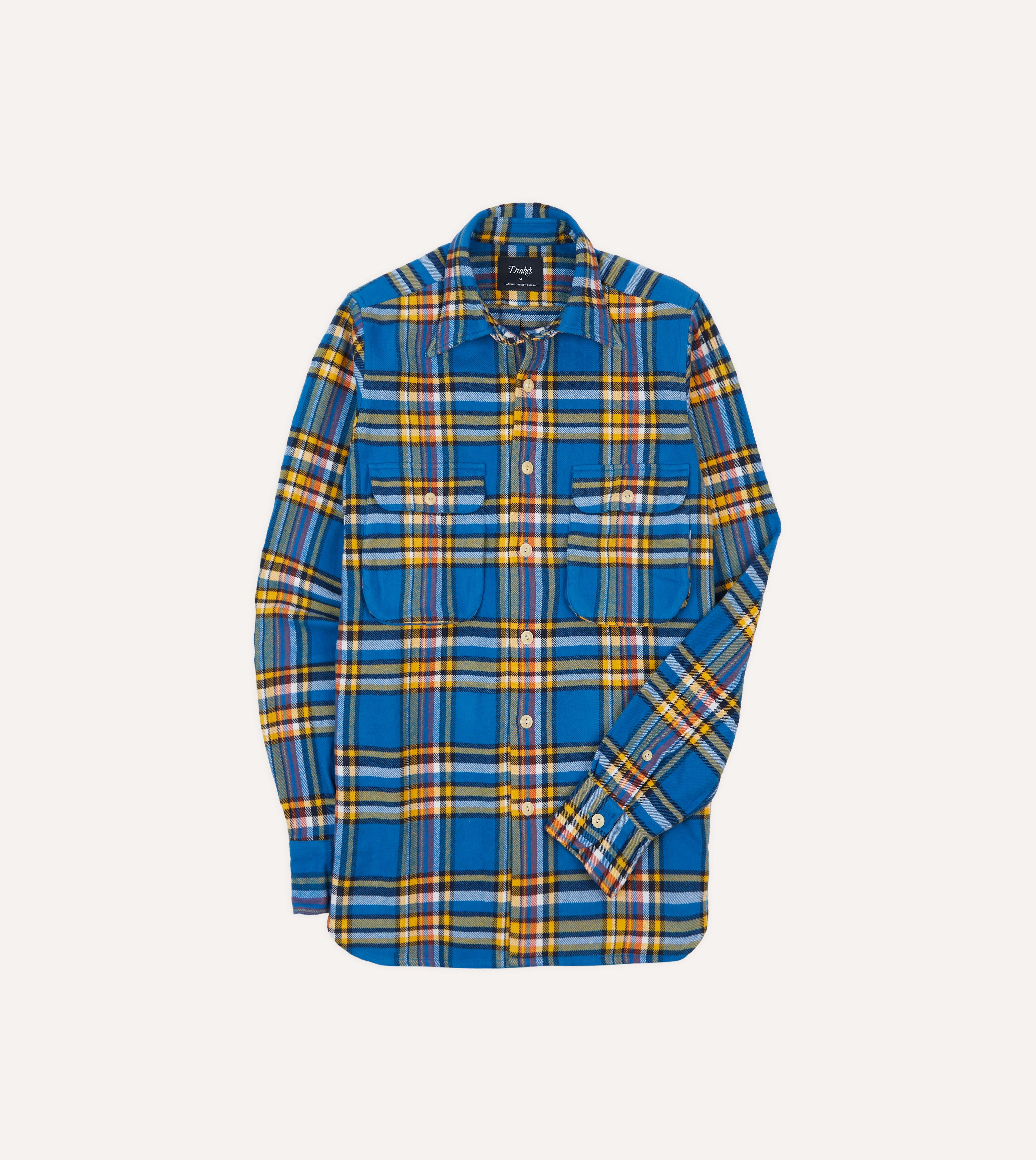 Blue and Yellow Check Brushed Cotton Two-Pocket Work Shirt Drakes US Blue and Yellow Check Brushed Cotton Two-Pocket Work Shirt Drakes US