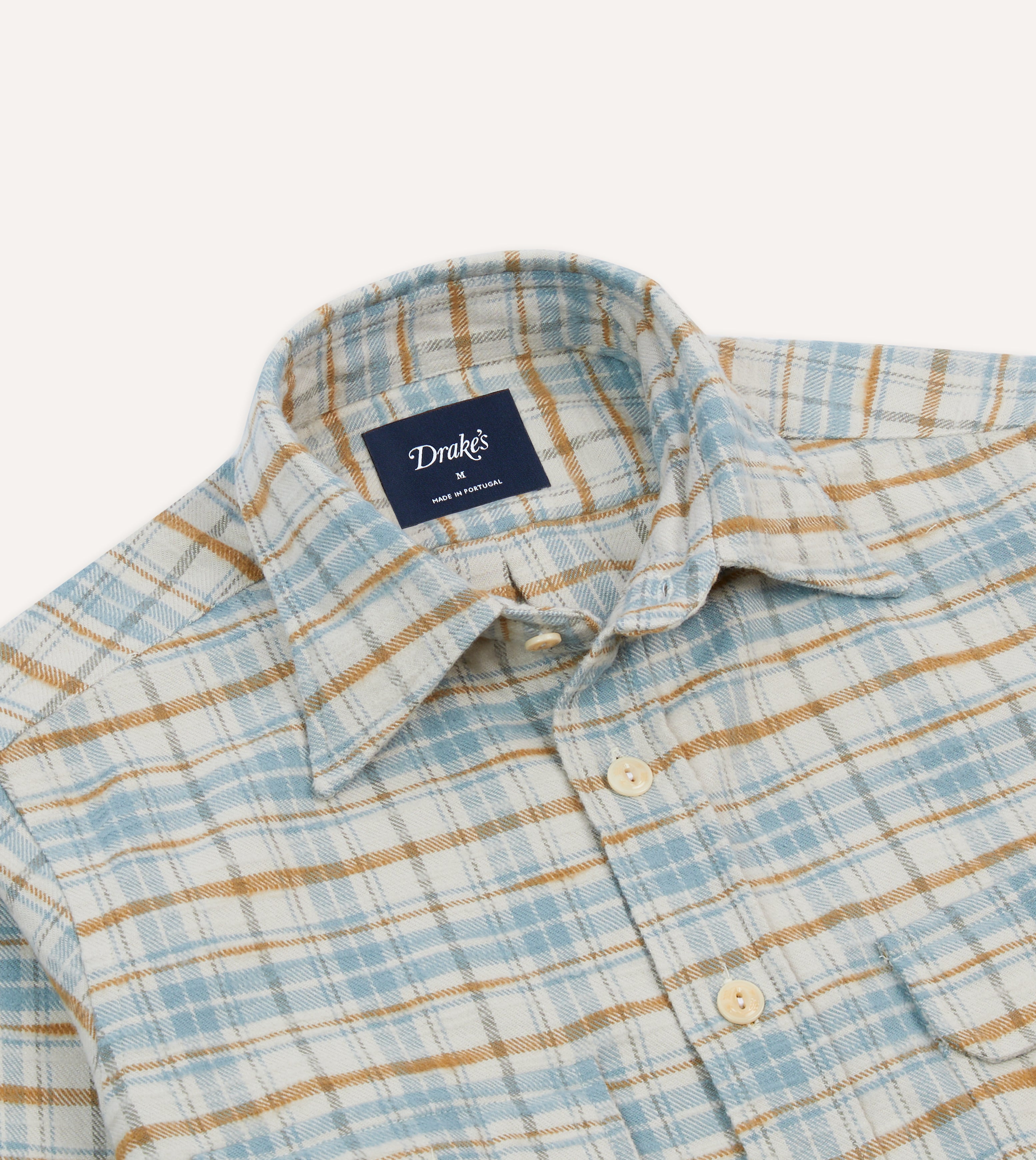 Ecru and Blue Check Cotton Two-Pocket Work Shirt – Drakes US