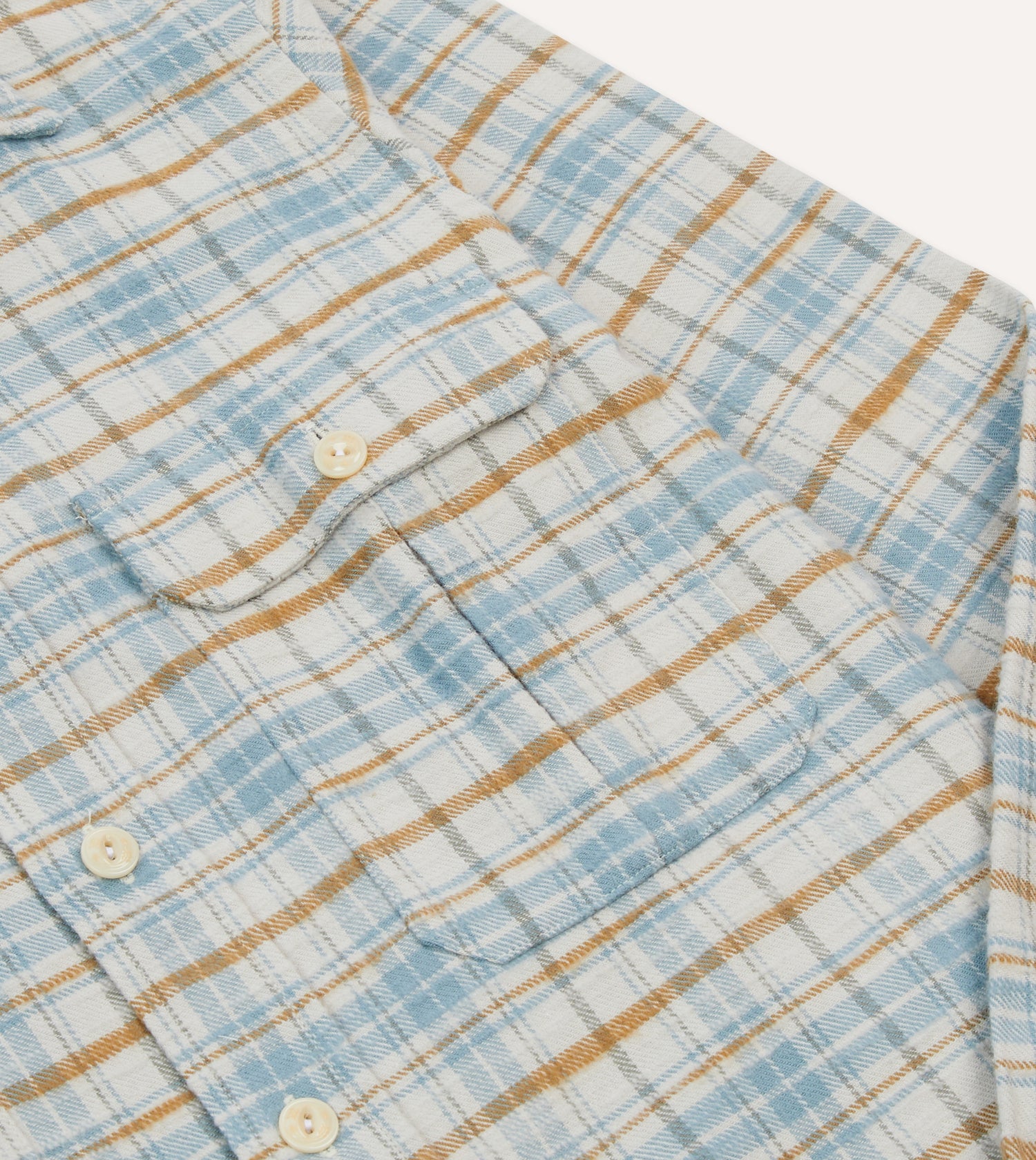 Ecru and Blue Check Cotton Two-Pocket Work Shirt