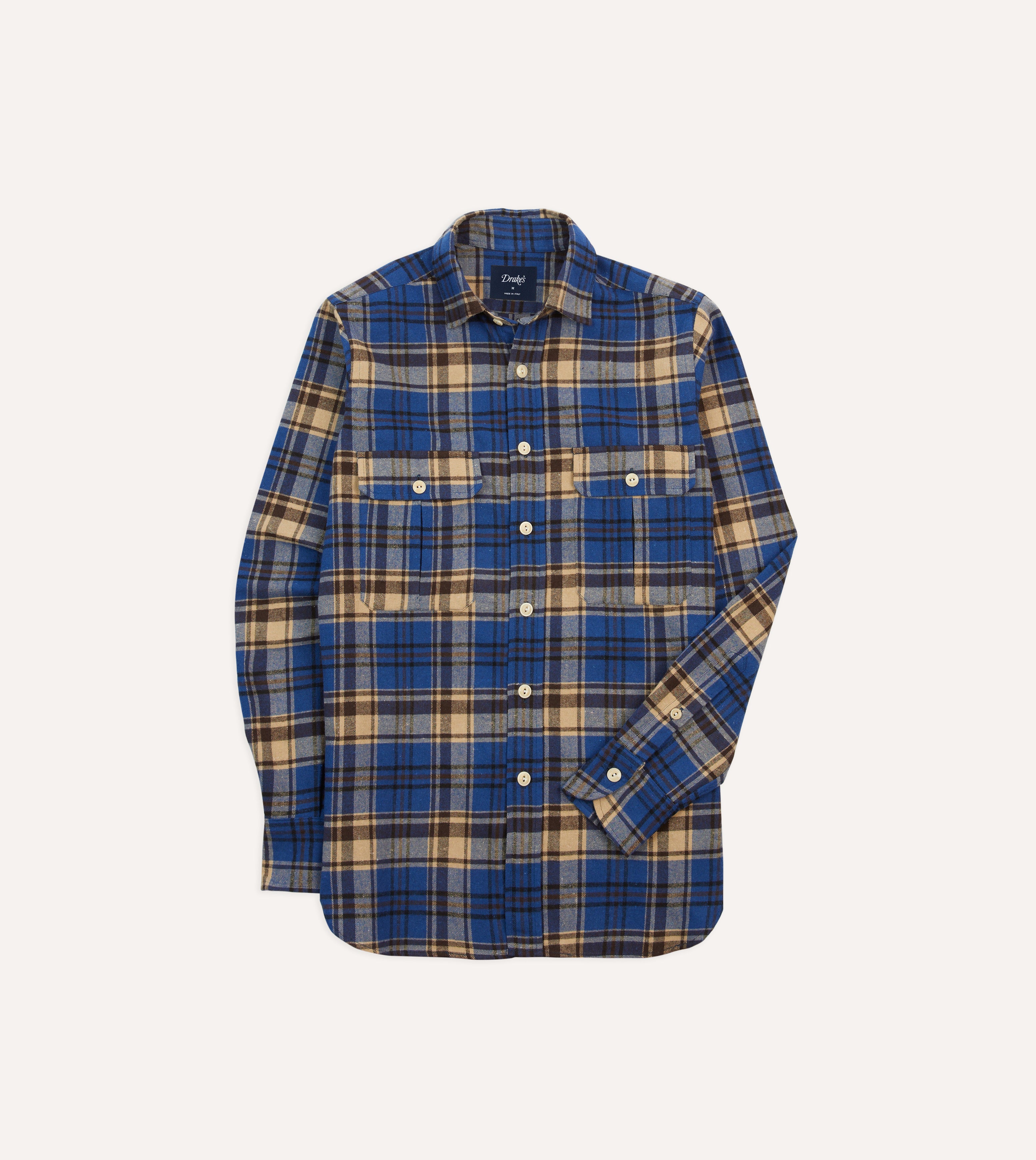 Blue and Ecru Check Brushed Cotton Two-Pocket Work Shirt