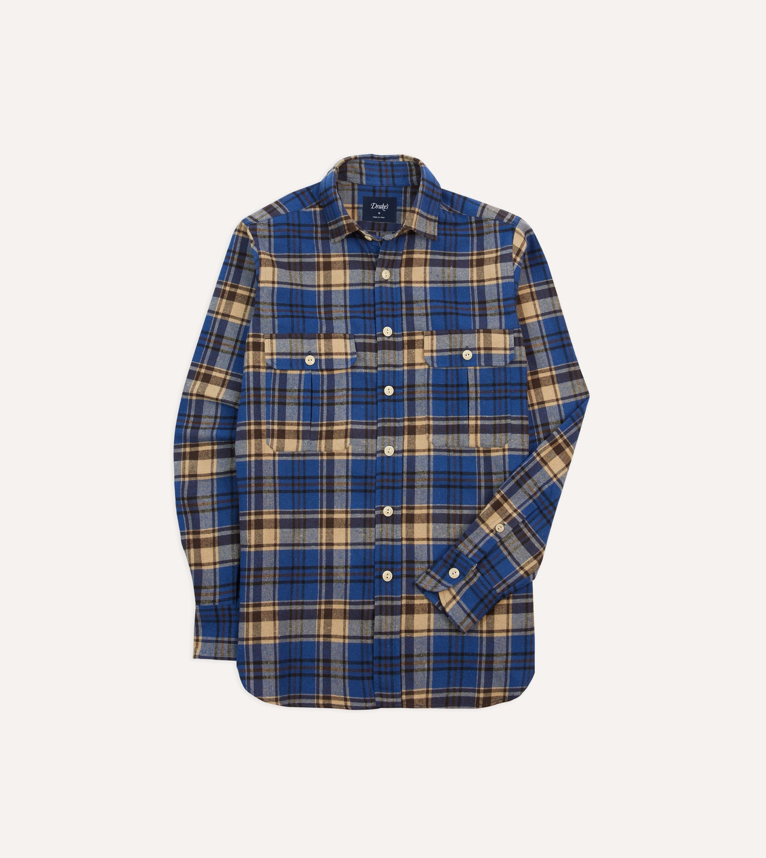 Blue and Ecru Check Brushed Cotton Two-Pocket Work Shirt