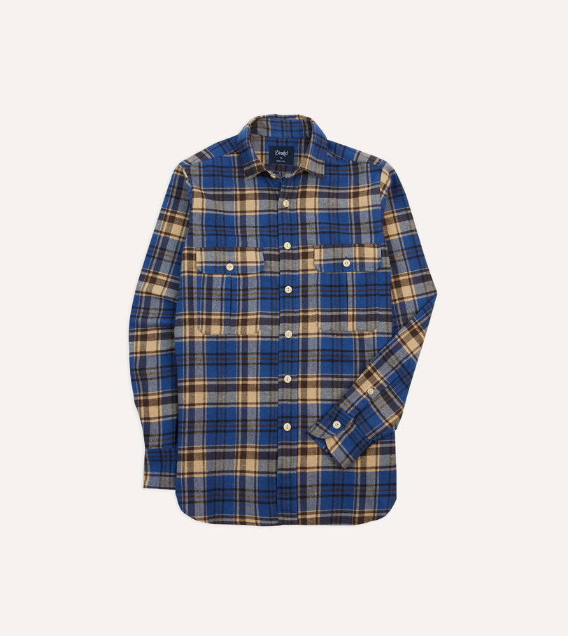 Blue and Ecru Check Brushed Cotton Two-Pocket Work Shirt
