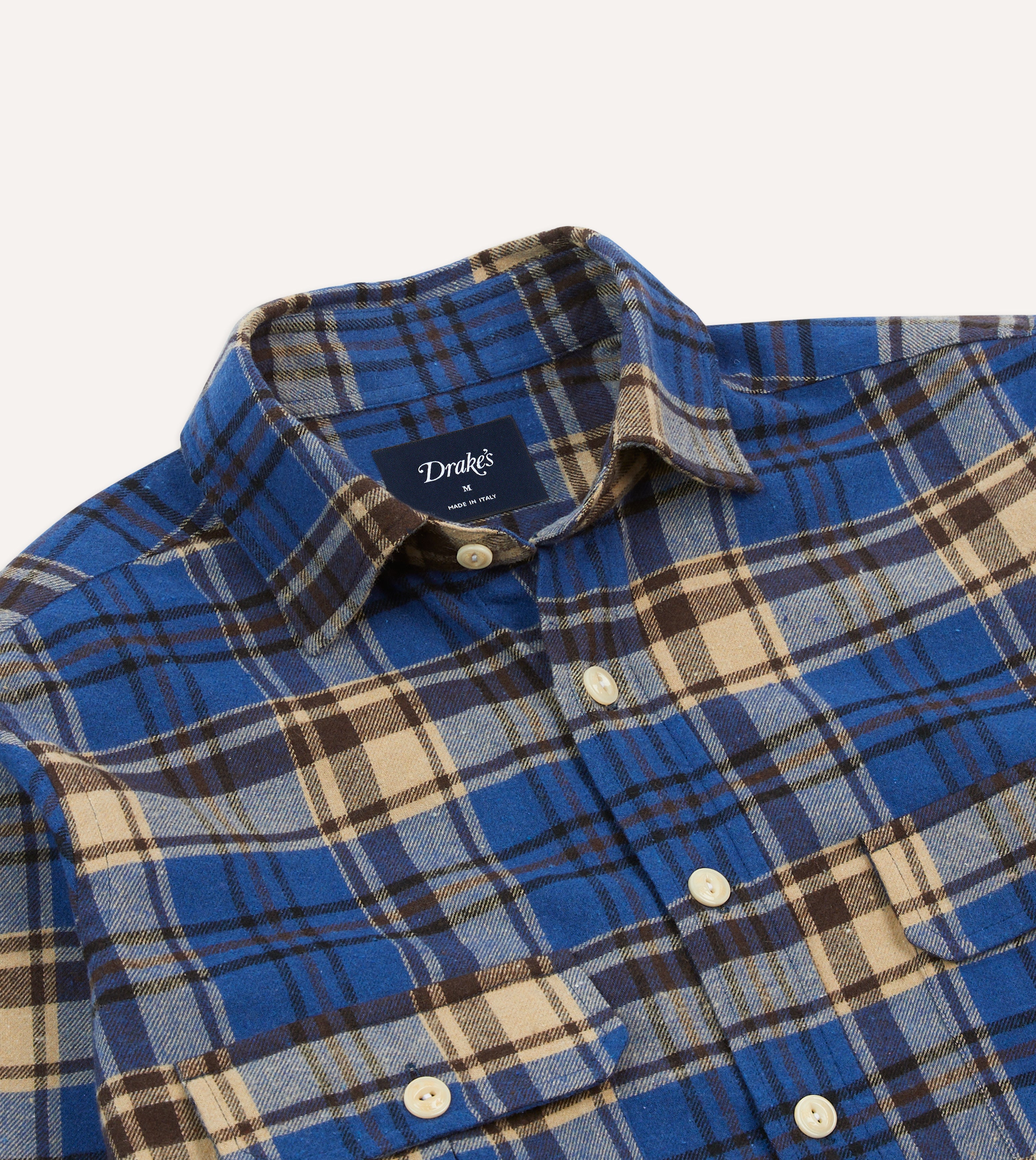 Blue and Ecru Check Brushed Cotton Two-Pocket Work Shirt – Drakes US