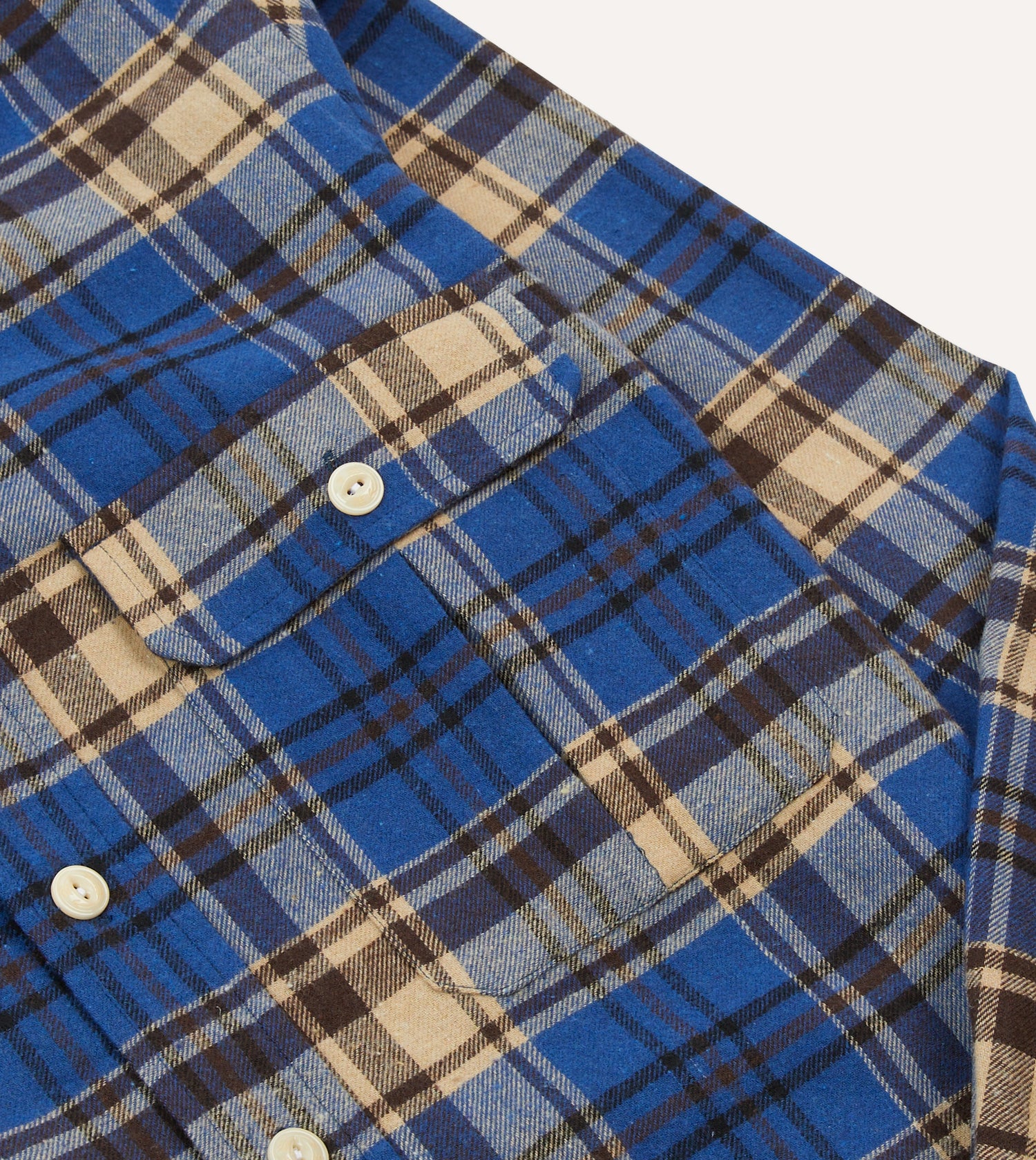 Blue and Ecru Check Brushed Cotton Two-Pocket Work Shirt