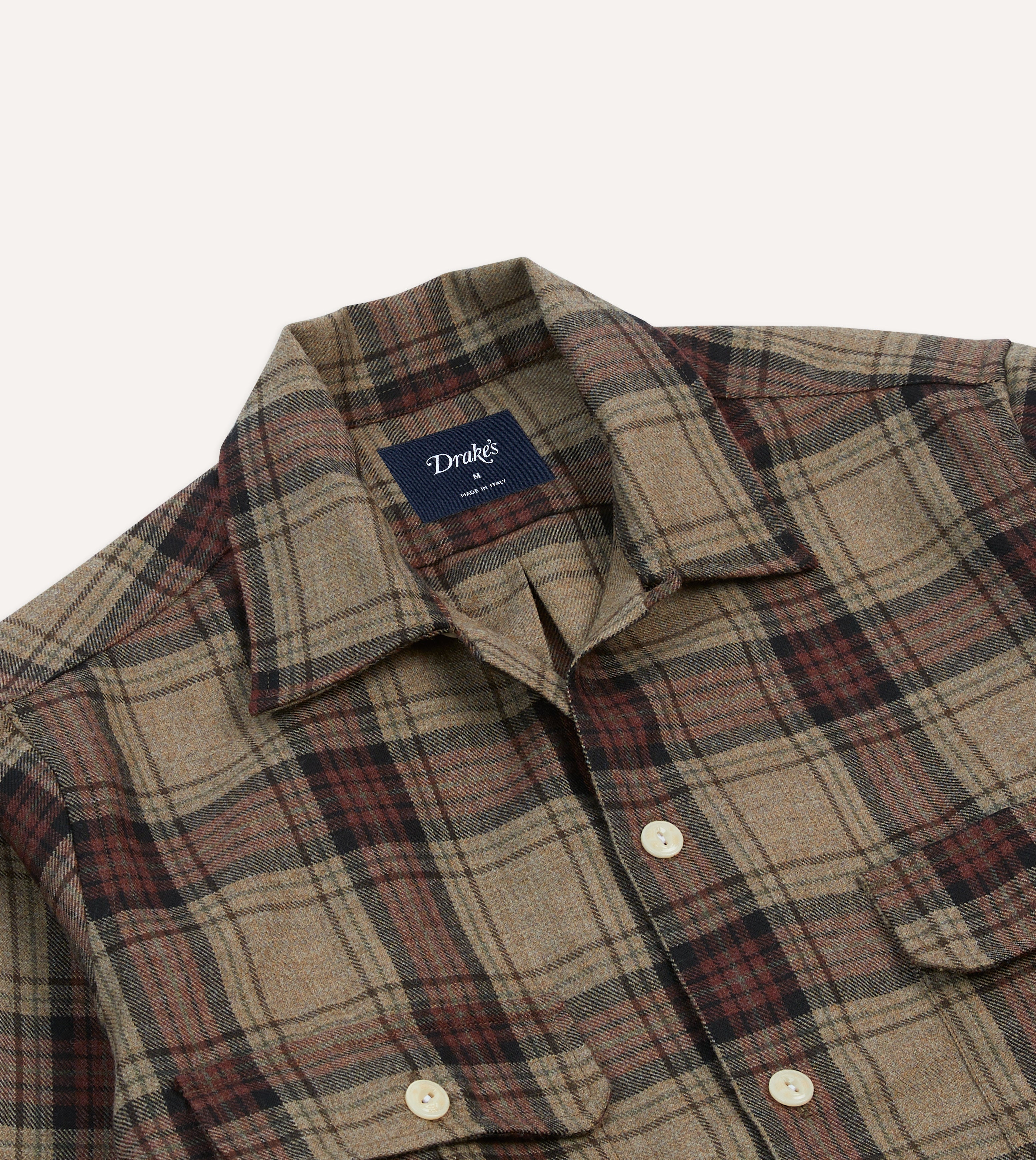 Brown Check Wool Two-Pocket Camp Collar Work Shirt – Drakes US