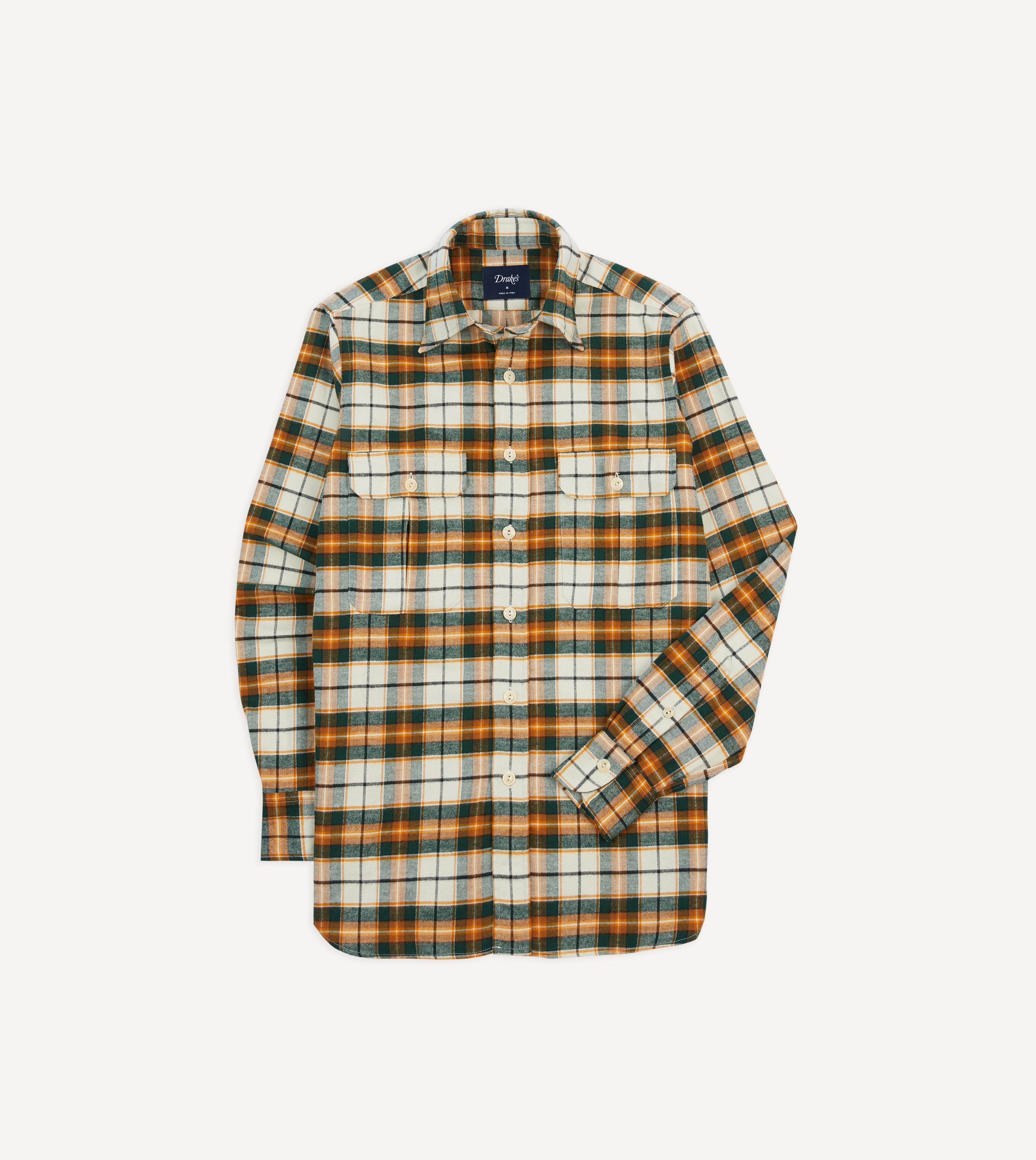 Ecru and Orange Check Cotton Two-Pocket Work Shirt