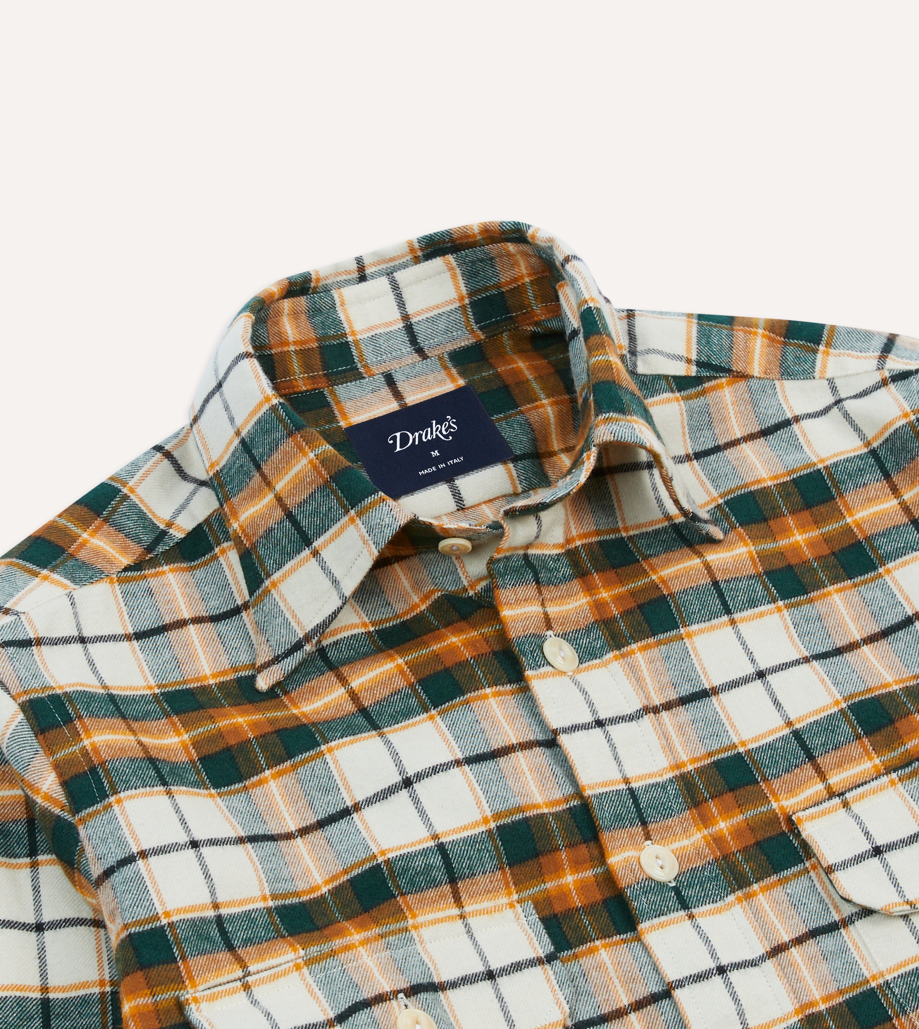 Ecru and Orange Check Cotton Two-Pocket Work Shirt – Drakes US