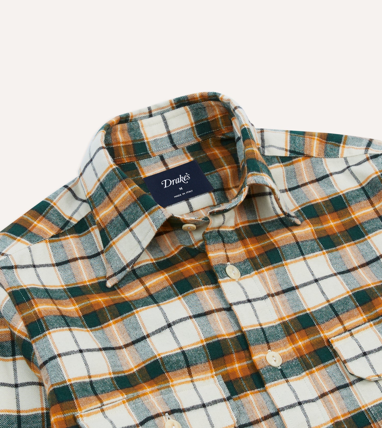 Ecru and Orange Check Cotton Two-Pocket Work Shirt