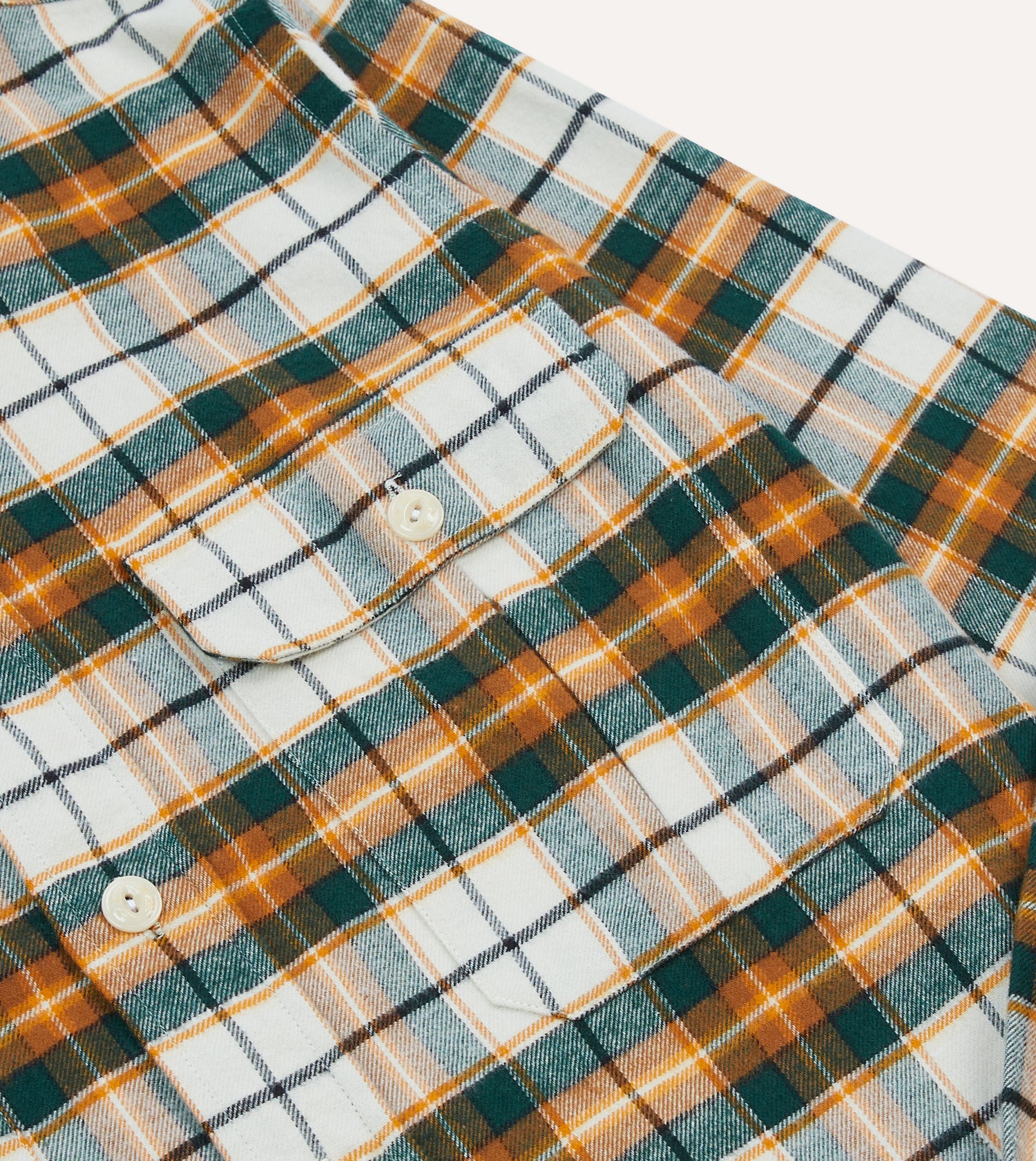 Ecru and Orange Check Cotton Two-Pocket Work Shirt