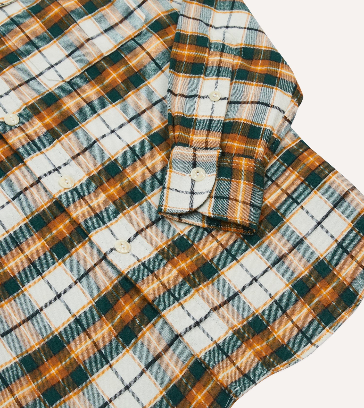 Ecru and Orange Check Cotton Two-Pocket Work Shirt