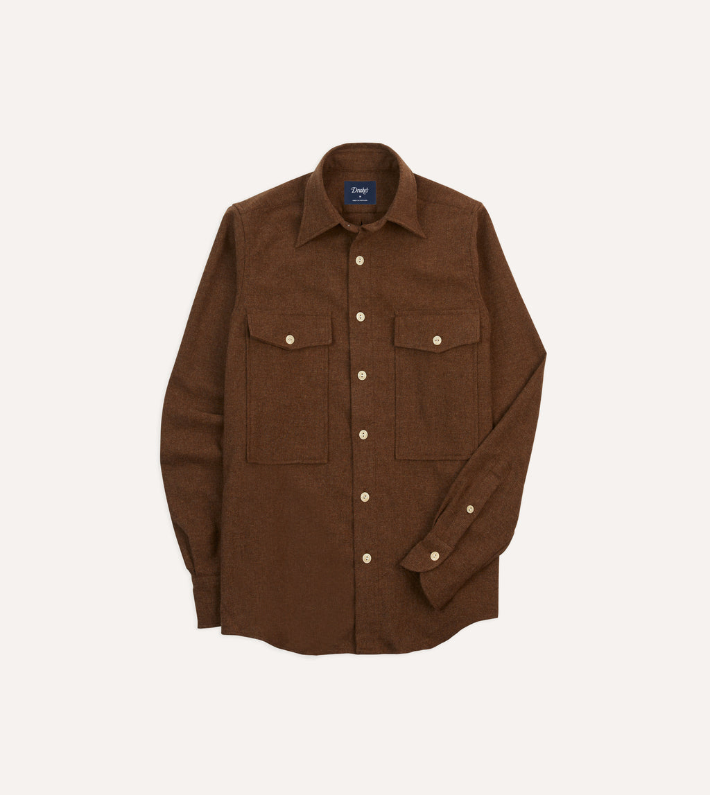 Super130's WORSTEDWOOL SHIRTS　DARK BROWN Brown Wool Two-Pocket Work Shirt – Drakes US