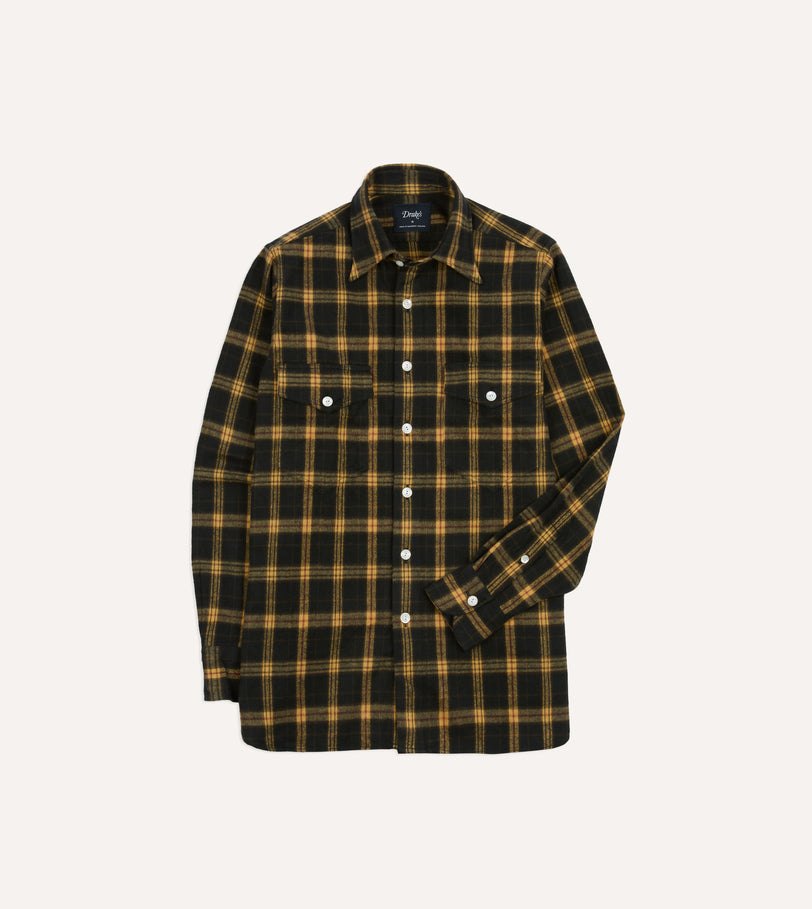 Green and Yellow Brushed Cotton Long Point Collar Work Shirt
