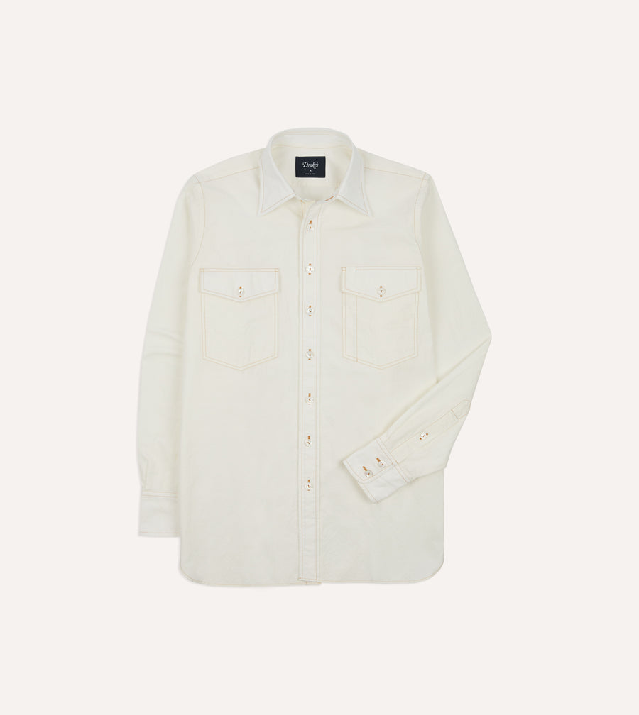 White Cotton-Linen Two-Pocket Work Shirt