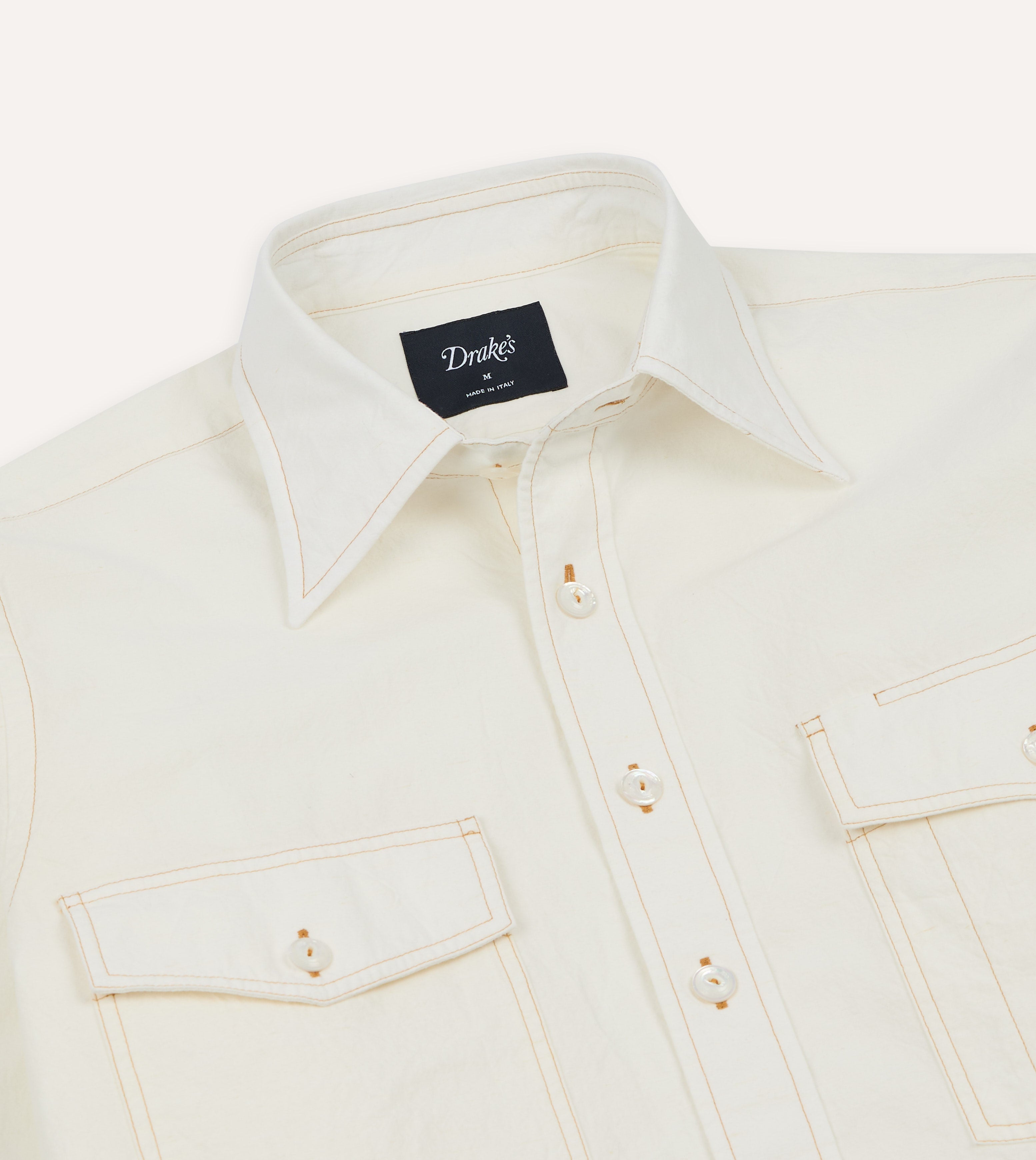 White Cotton-Linen Two-Pocket Work Shirt – Drakes US