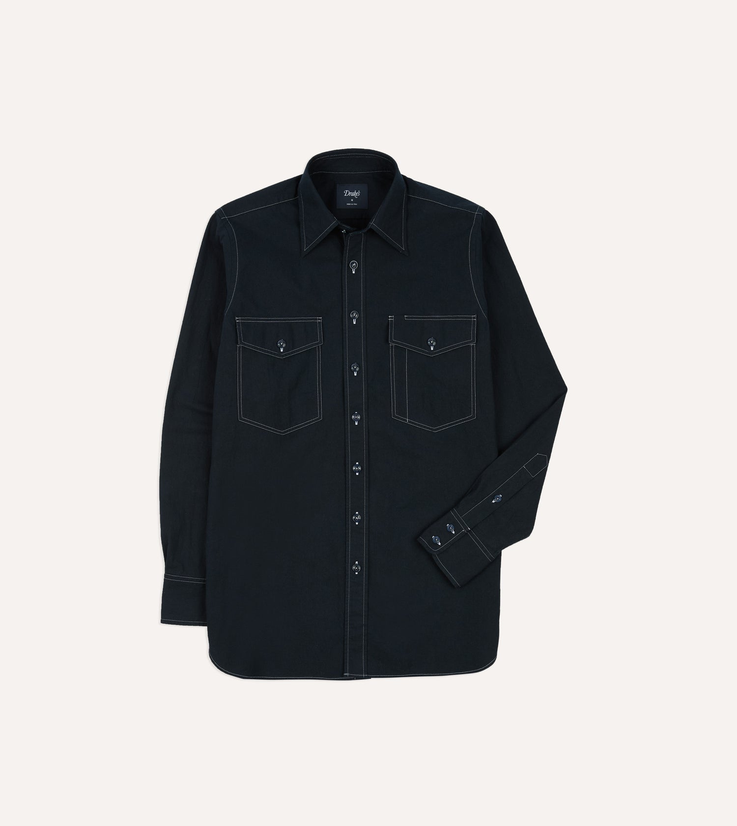 Navy Contrast Stitch Cotton-Linen Two-Pocket Work Shirt