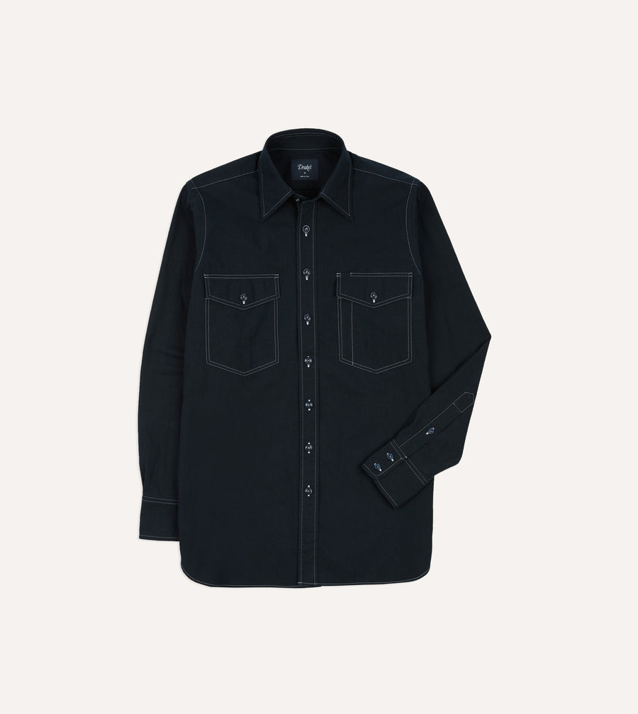 Navy Contrast Stitch Cotton-Linen Two-Pocket Work Shirt