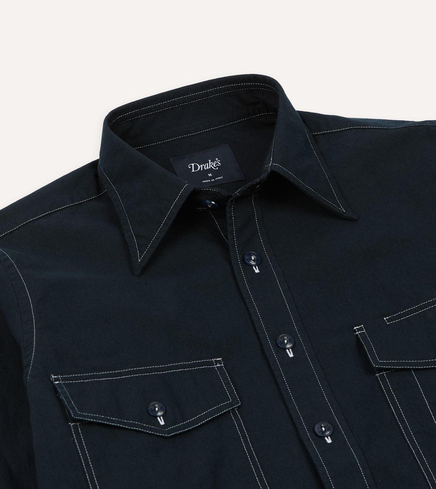 Navy Contrast Stitch Cotton-Linen Two-Pocket Work Shirt