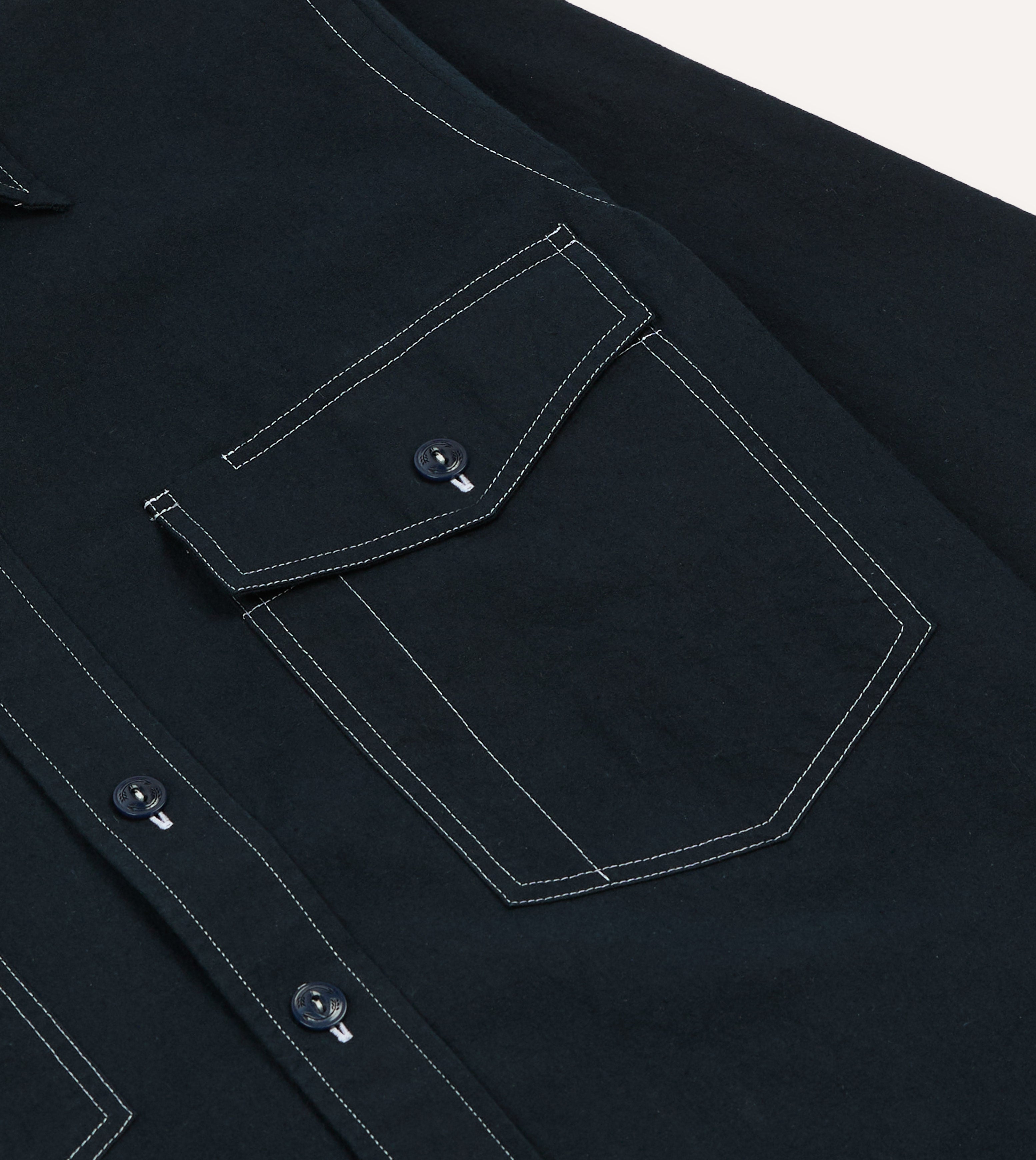 Navy Contrast Stitch Cotton-Linen Two-Pocket Work Shirt – Drakes US