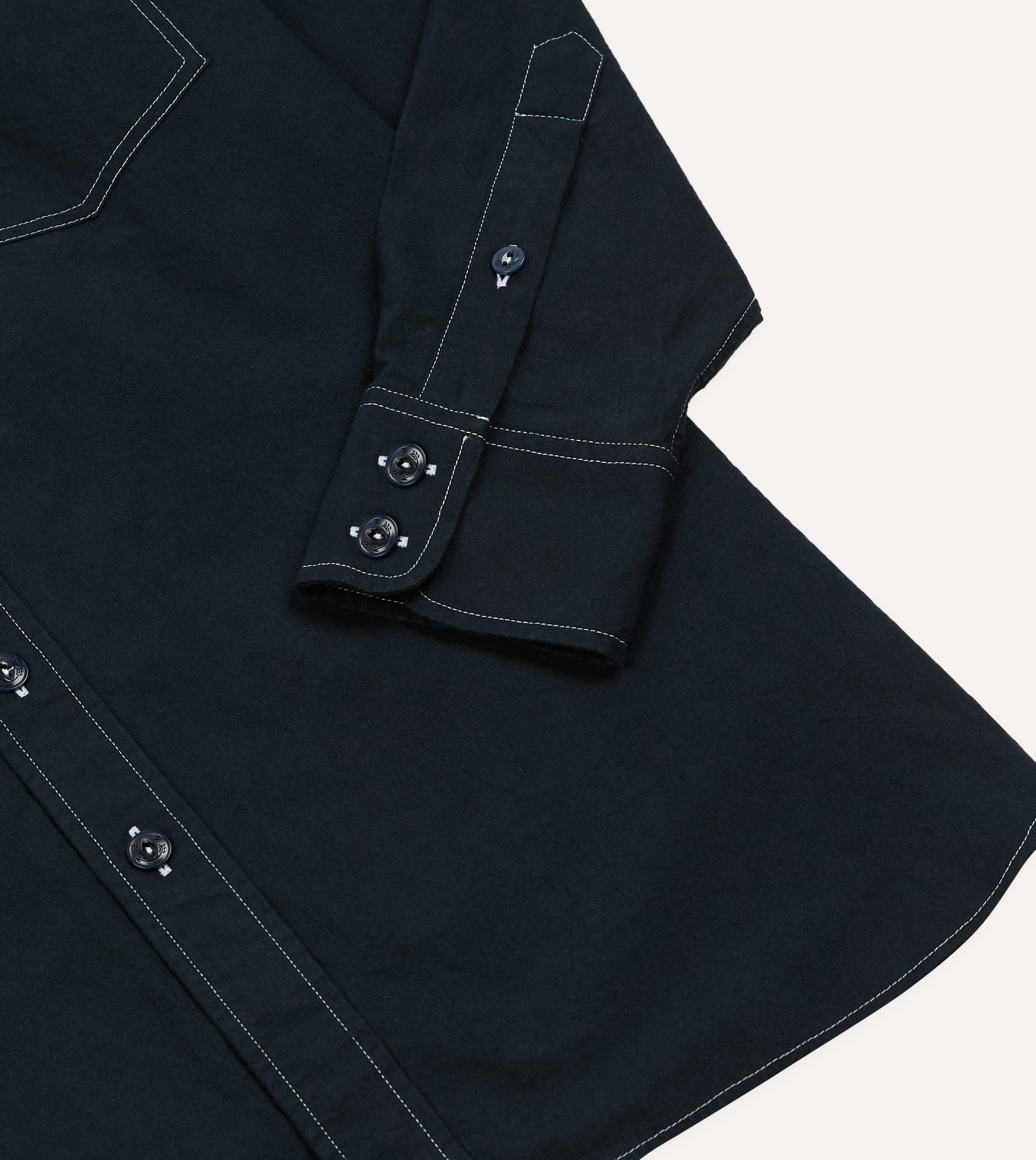 Navy Contrast Stitch Cotton-Linen Two-Pocket Work Shirt – Drakes US