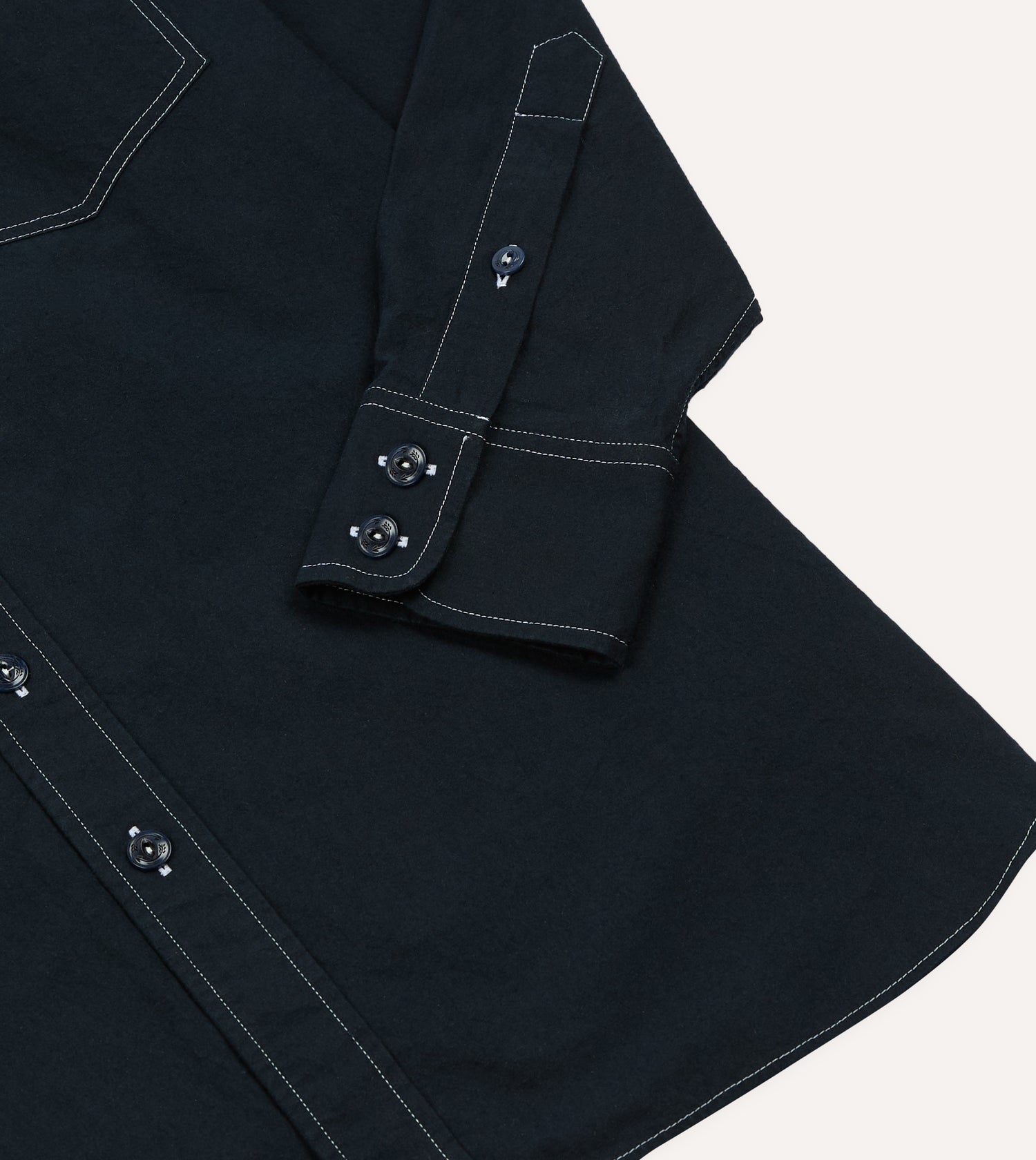 Navy Contrast Stitch Cotton-Linen Two-Pocket Work Shirt