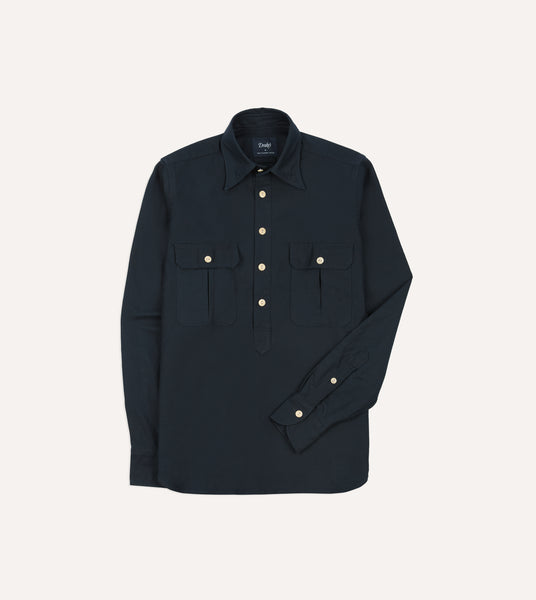 Navy Satin Cotton Popover Work Shirt – Drakes US