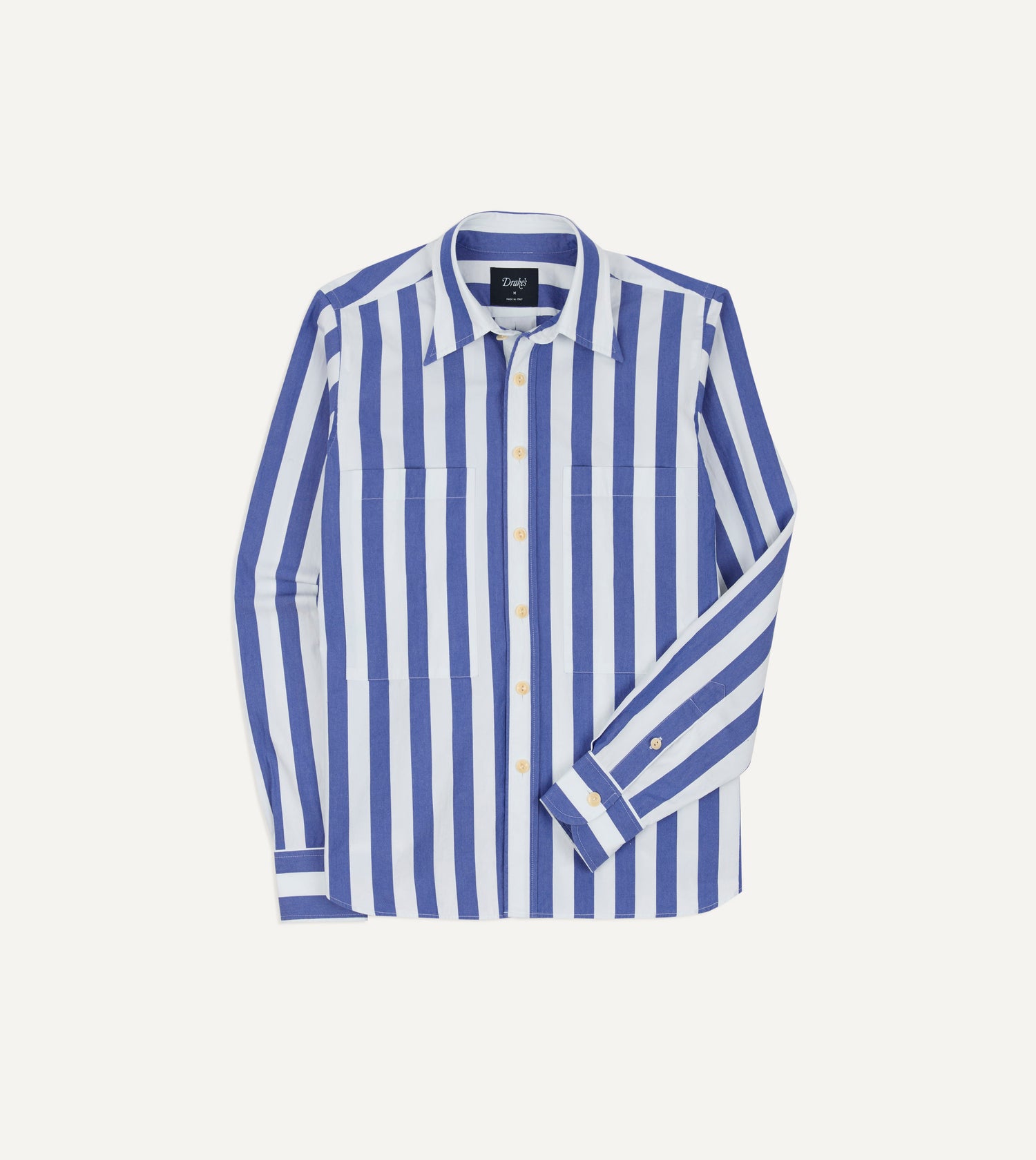Blue and White Awning Stripe Cotton Long Point Collar Shirt