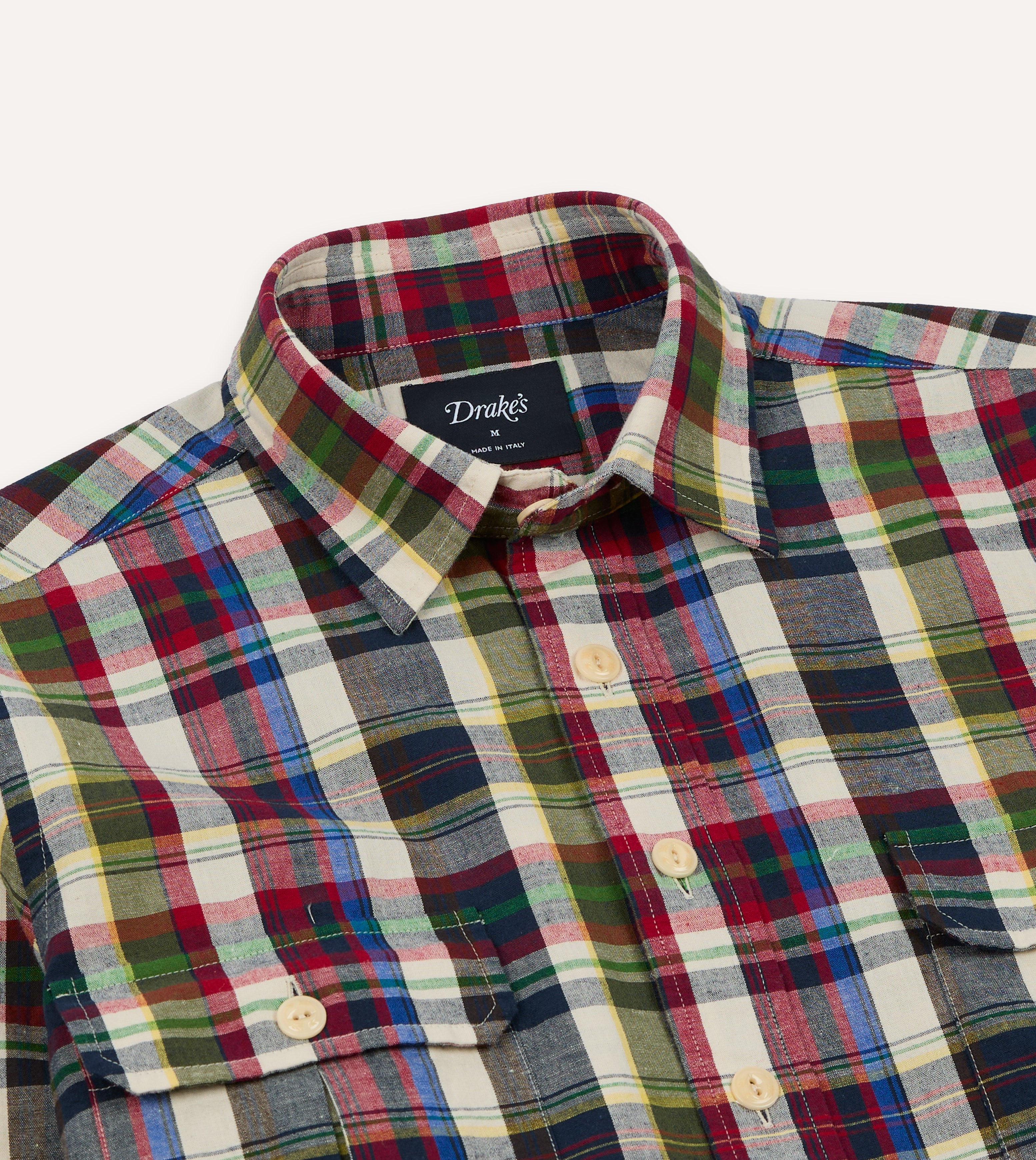 Navy and Red Check Cotton-Linen Two-Pocket Work Shirt – Drakes US