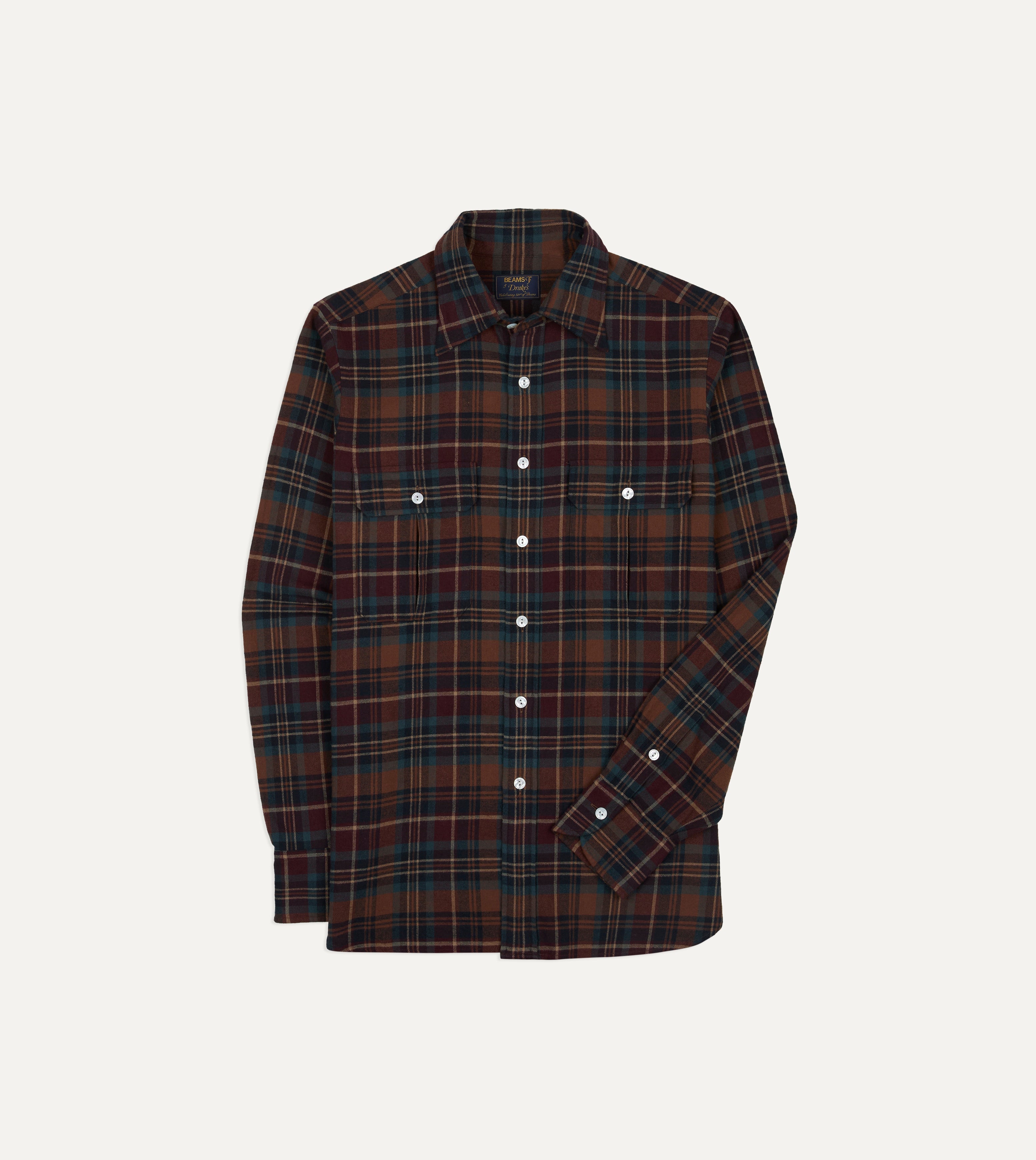 BEAMS F & Drake's Brown Check Cotton Two-Pocket Long Point Collar