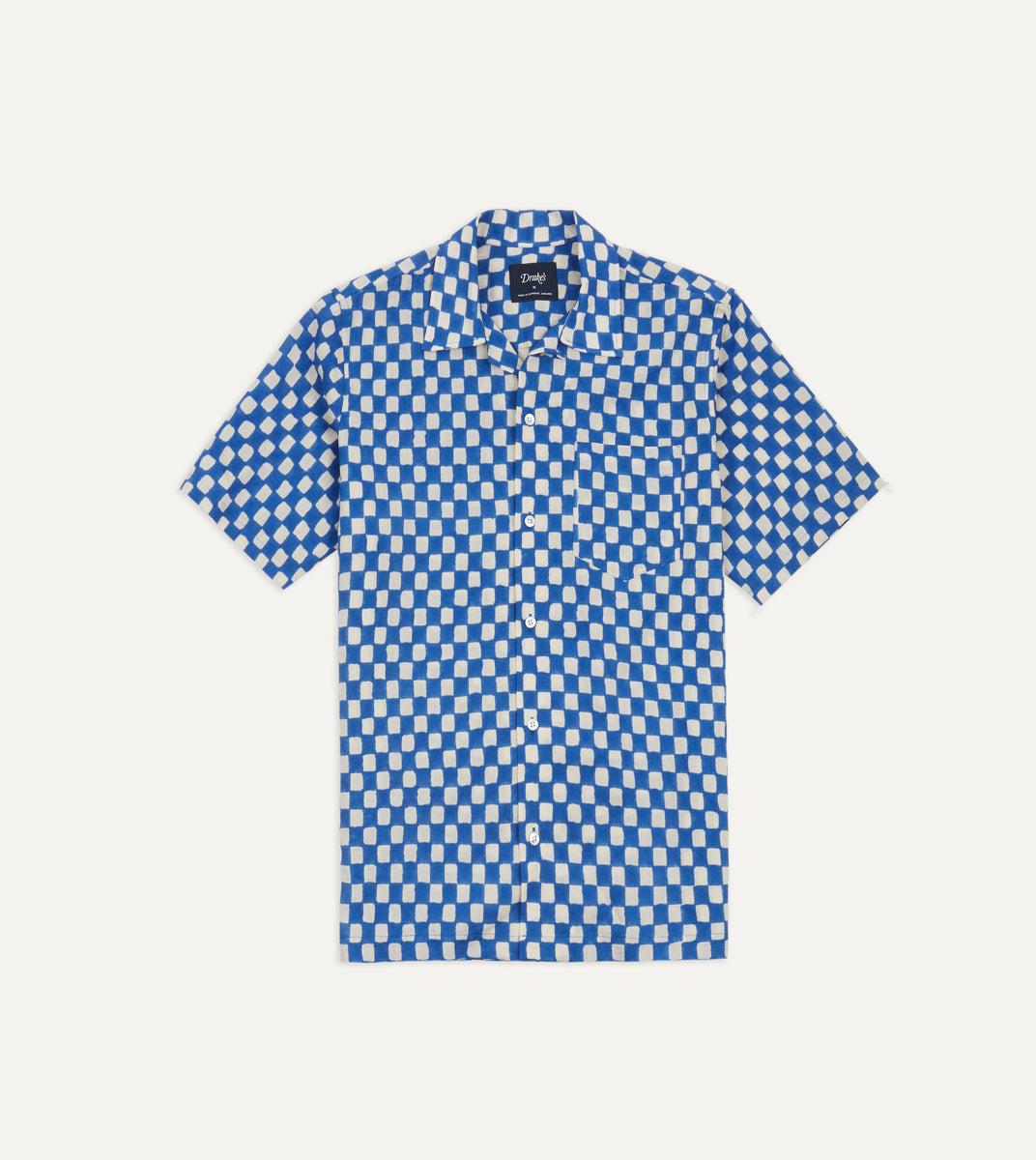 Blue Block Print Cotton Camp Collar Short Sleeve Shirt – Drakes US